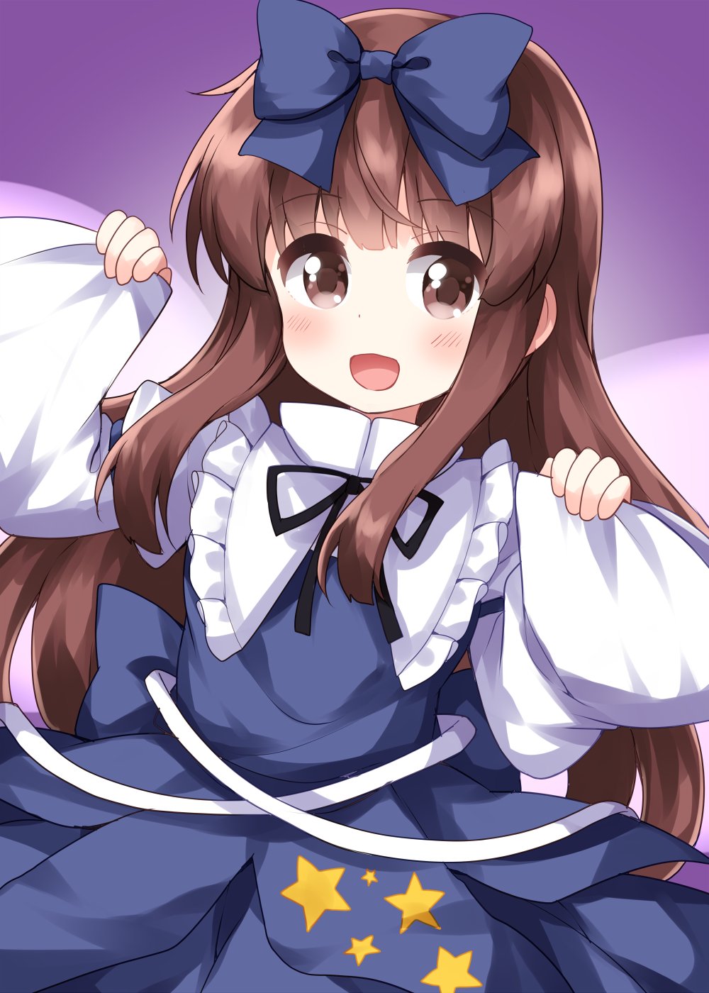 1girl bangs black_bow black_neckwear blue_bow blue_dress blush bow bowtie brown_eyes brown_hair collar collared_dress dress eyebrows_visible_through_hair fairy_wings hair_bow hands_up highres long_hair long_sleeves looking_at_viewer one-hour_drawing_challenge open_mouth purple_background ruu_(tksymkw) simple_background smile solo star_(symbol) star_print star_sapphire touhou white_sleeves wide_sleeves wings