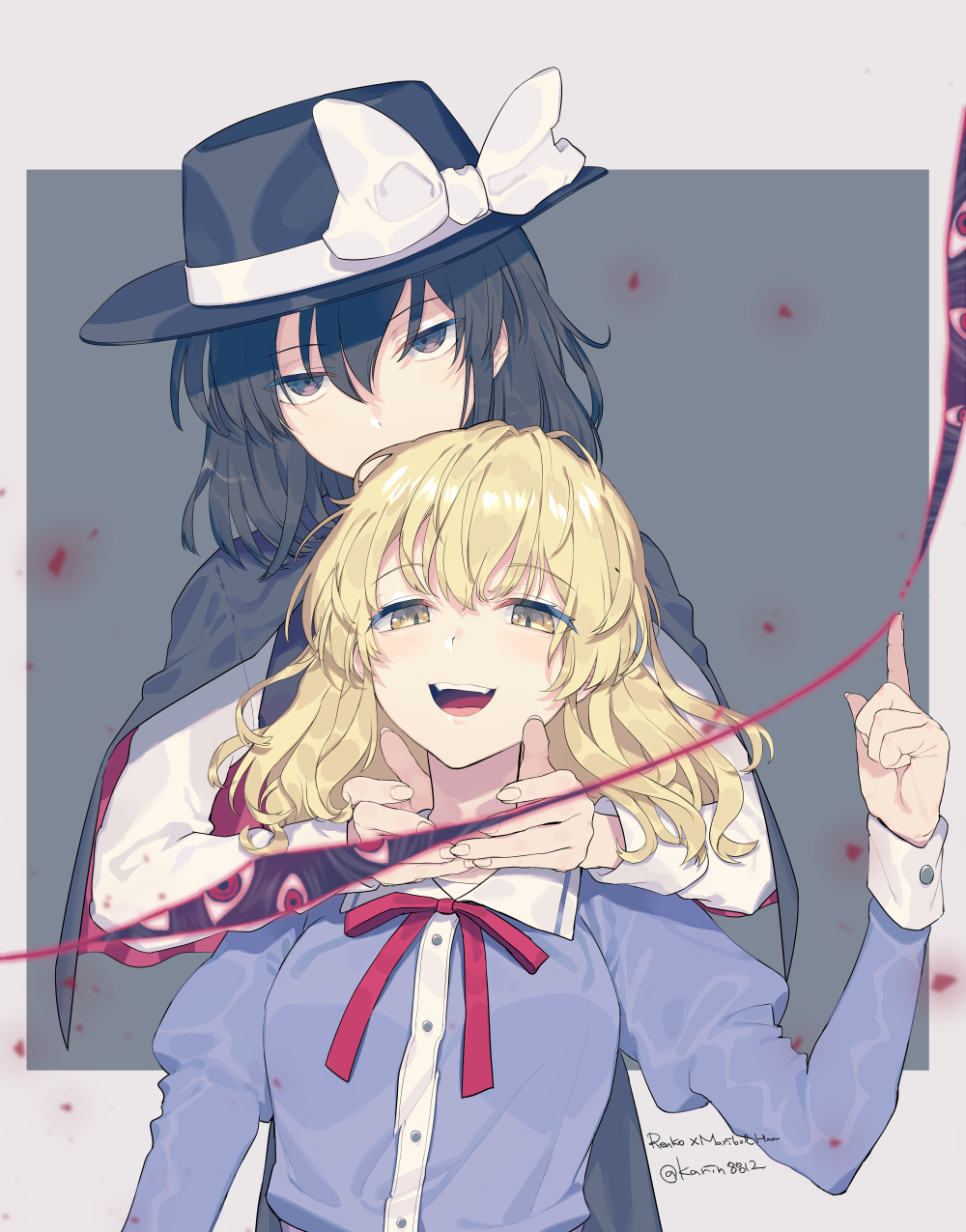 2girls bangs black_capelet black_eyes black_hair black_headwear blonde_hair blush bow breasts capelet character_name collared_dress commentary_request dress fedora fingernails gap_(touhou) hat hat_bow hat_ribbon headwear_removed highres juliet_sleeves long_sleeves looking_at_viewer maribel_hearn medium_breasts multiple_girls open_mouth pointing pointing_up puffy_sleeves purple_dress red_eyes red_neckwear red_ribbon ribbon shirt short_hair smile sohu standing teeth tongue touhou twitter_username upper_teeth usami_renko white_ribbon white_shirt wing_collar wrist_cuffs yellow_eyes