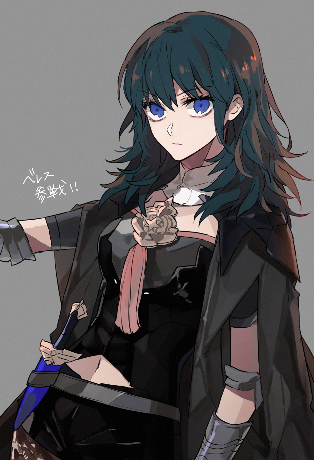 1girl blue_eyes byleth_(fire_emblem) byleth_eisner_(female) cape closed_mouth clothing_cutout dagger ebanoniwa fire_emblem fire_emblem:_three_houses green_hair grey_background grey_cape highres intelligent_systems knife long_hair looking_at_viewer navel navel_cutout nintendo sanpaku simple_background solo tassel weapon