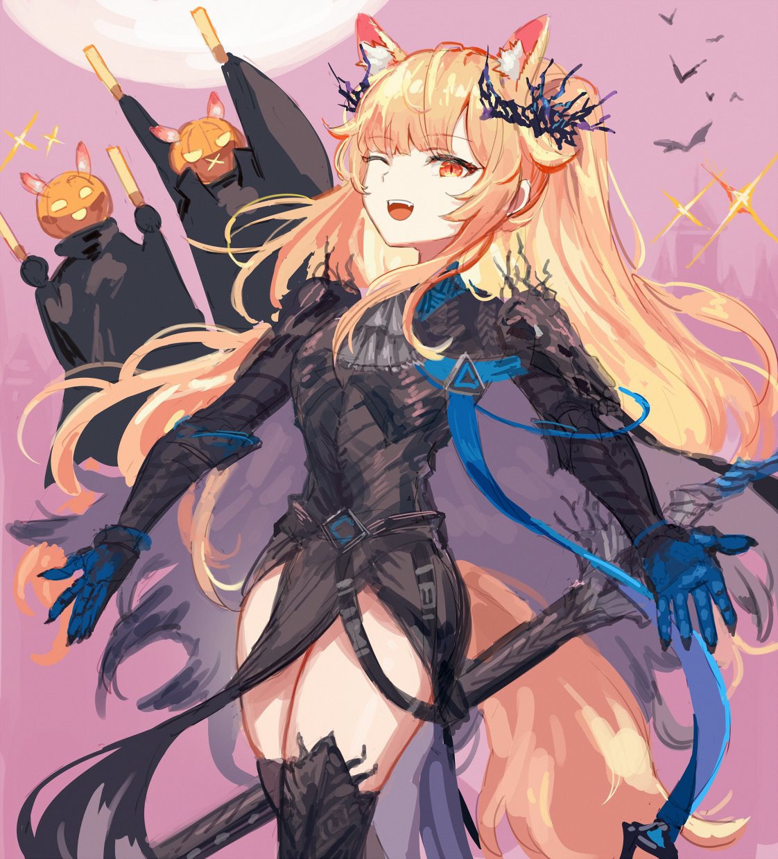 1girl 2others ambiguous_gender animal_ears arknights bat black_footwear black_gloves black_shirt blemishine_(arknights) blemishine_(moon_catastrborn)_(arknights) blonde_hair boots commentary cowboy_shot extra_ears fangs gloves hair_ornament halloween_costume highres horse_ears horse_girl horse_tail long_hair long_sleeves moon multiple_others official_alternate_costume one_eye_closed open_mouth pelvic_curtain pink_background red_eyes shirt solo_focus spacelongcat tail teeth thigh-highs thigh_boots thighs upper_teeth