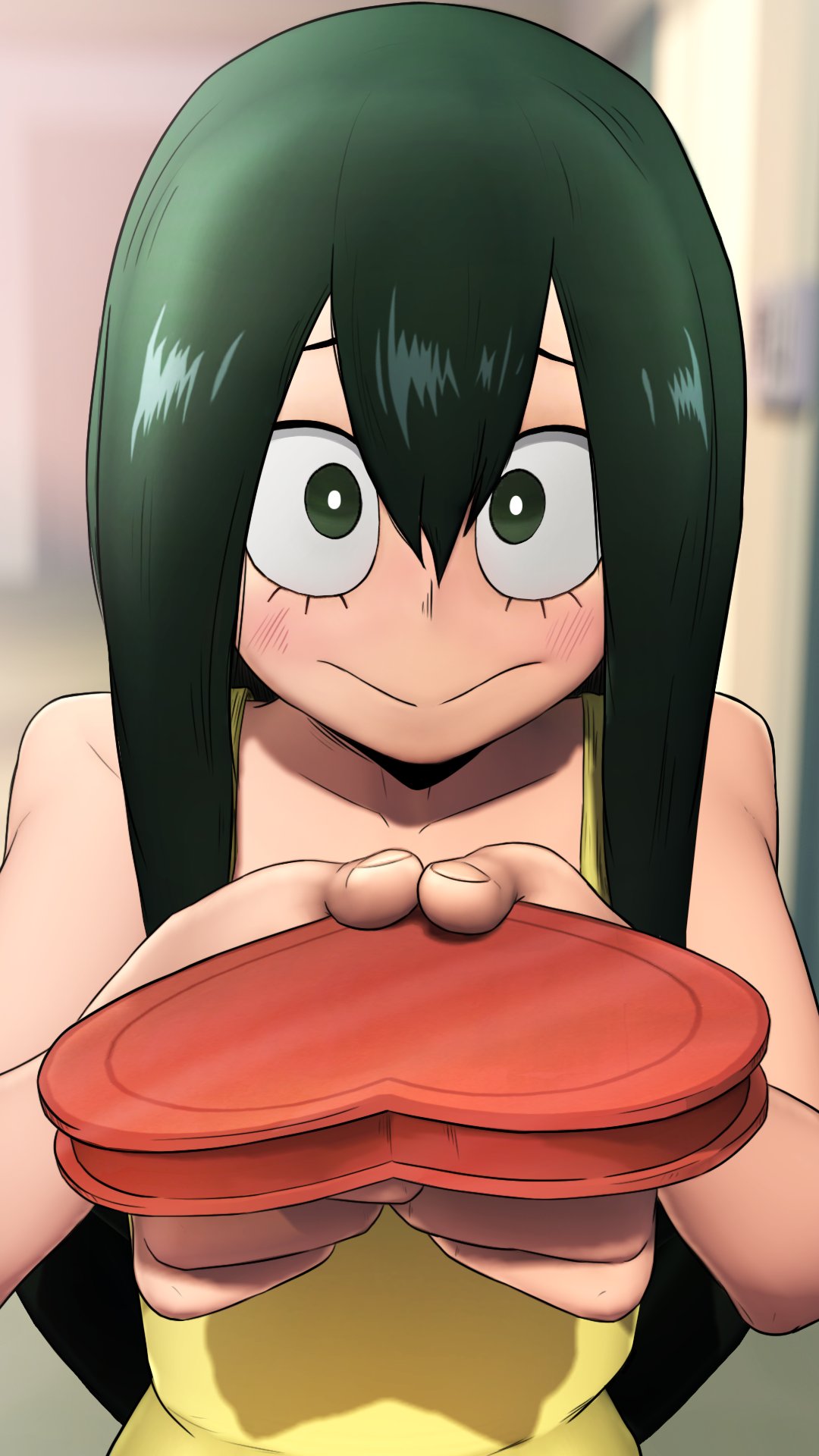 1girl :&gt; asui_tsuyu bare_shoulders blurry blurry_background boku_no_hero_academia box bright_pupils commentary dress english_commentary greatm8 green_eyes green_hair hair_between_eyes hallway heart-shaped_box highres indoors long_hair looking_at_viewer school sidelocks solo source_filmmaker_(medium) upper_body valentine white_pupils yellow_dress