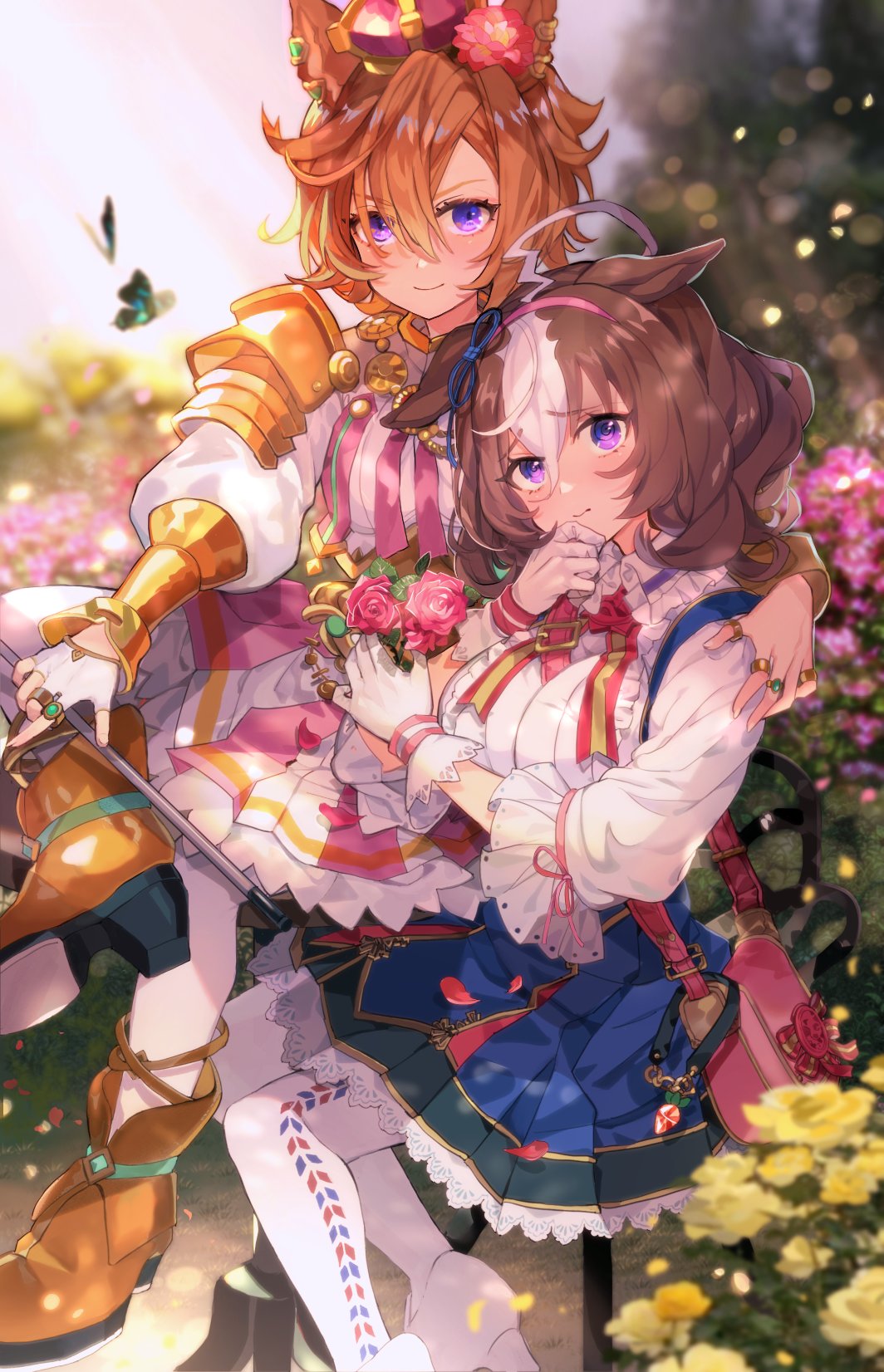 2girls ahoge animal_ears armor bag bangs between_breasts blue_skirt blurry blurry_background boots breasts brown_footwear brown_hair bug butterfly chair closed_mouth commentary_request crown ears_down fingerless_gloves flower gloves hair_flower hair_ornament high_heel_boots high_heels highres horse_ears jewelry kyuurisoda large_breasts looking_at_viewer meisho_doto_(umamusume) mini_crown multicolored_hair multiple_girls multiple_rings orange_hair petals puffy_sleeves raised_eyebrows ring rose shirt shoulder_armor shoulder_bag sitting sitting_on_table skirt smile strap_between_breasts t.m._opera_o_(umamusume) two-tone_hair umamusume v-shaped_eyebrows violet_eyes white_gloves white_legwear white_shirt