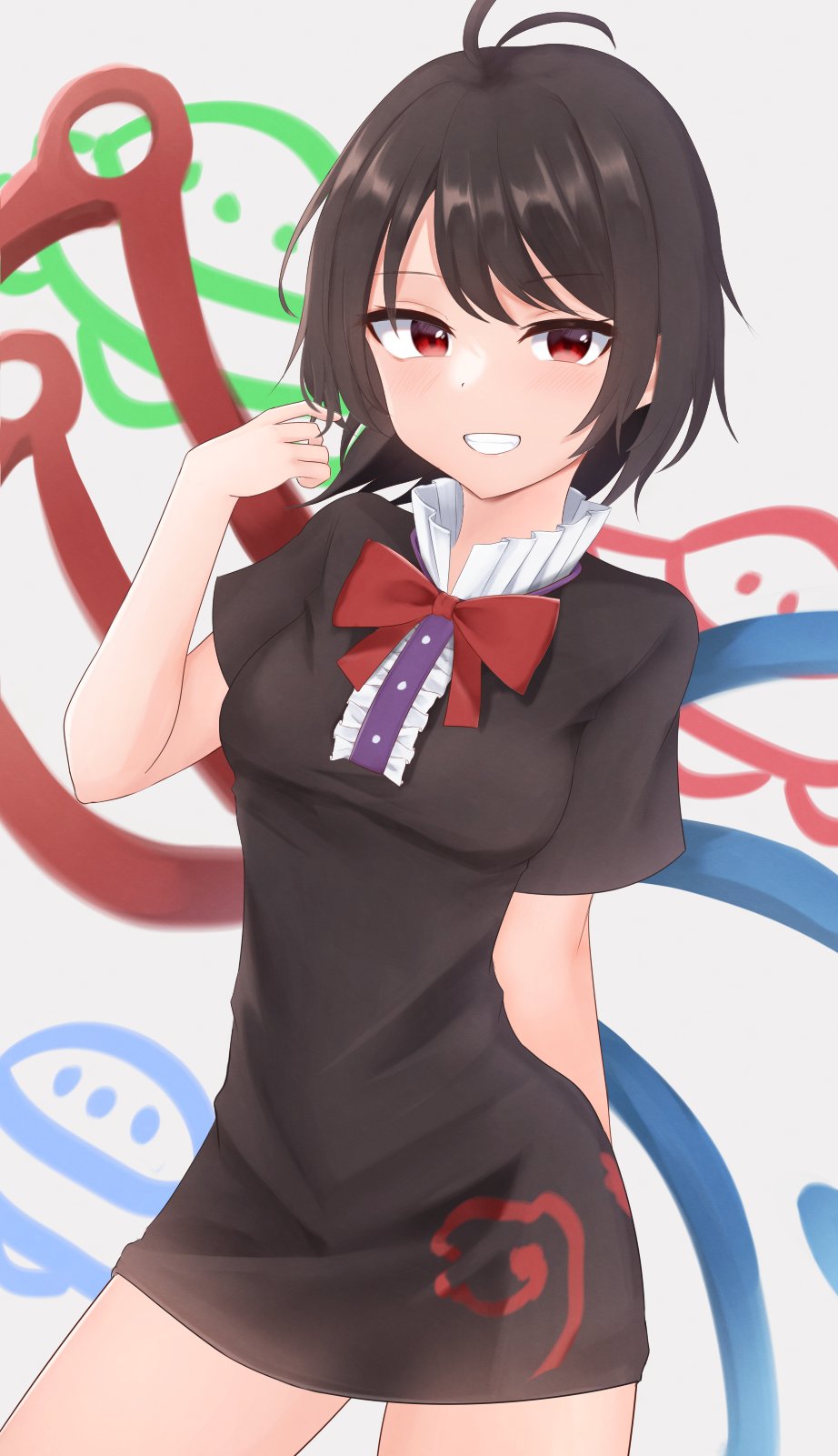 1girl asymmetrical_wings bangs black_dress black_sleeves blush bow bowtie breasts brown_hair buttons closed_mouth dakuazu dress eyebrows_visible_through_hair hand_up highres houjuu_nue looking_at_viewer medium_breasts red_bow red_eyes red_neckwear short_hair short_sleeves simple_background solo standing teeth touhou ufo white_background wings