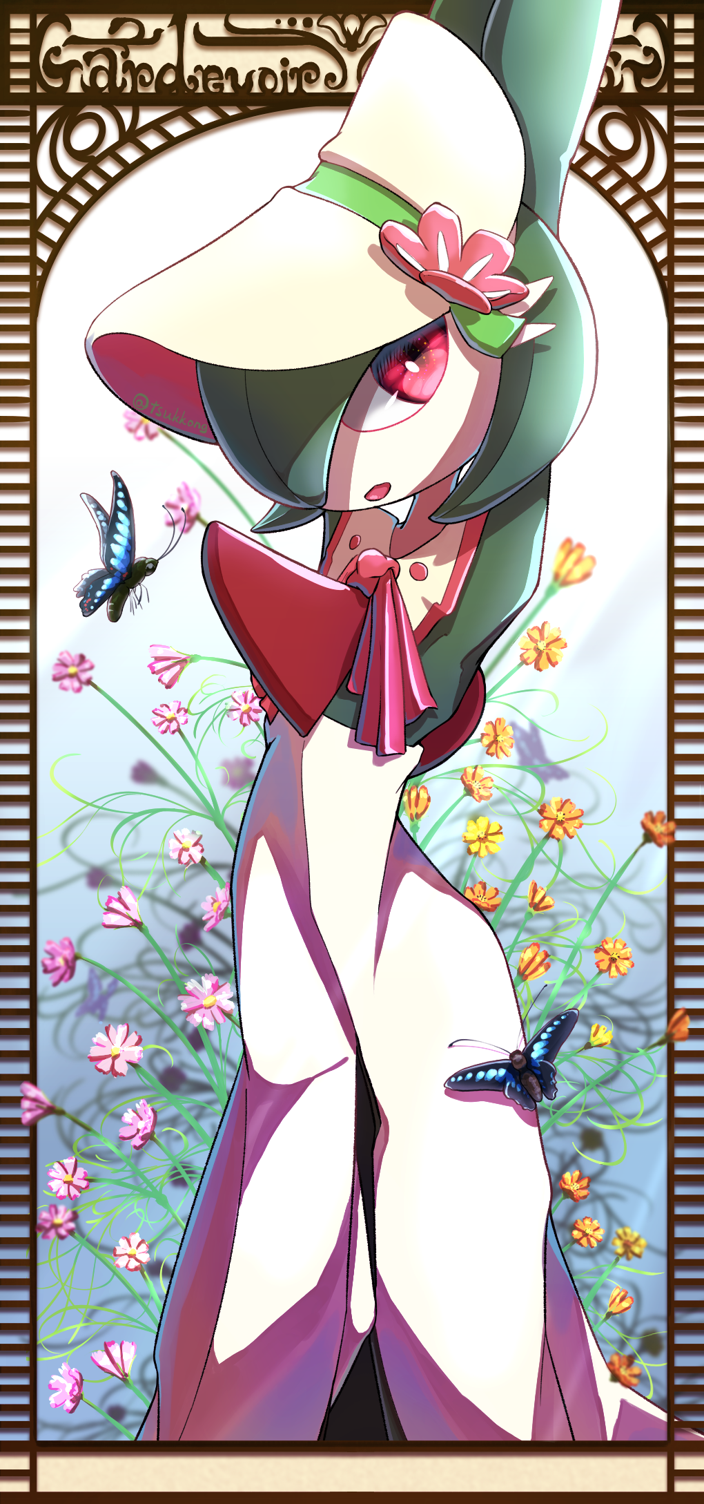 1girl armpits arms_up artist_name bangs blue_butterfly bob_cut bonnet border bug butterfly capelet character_name clothed_pokemon colored_skin commentary_request day english_text flat_chest flower gardevoir green_hair green_skin hair_over_one_eye happy hat hat_flower highres looking_up multicolored multicolored_skin open_mouth orange_flower outdoors outside_border own_hands_together pink_flower pink_trim pokemon pokemon_(creature) pokemon_(game) pokemon_unite red_eyes short_hair signature smile solo standing tsukkon twitter_username two-tone_skin white_capelet white_headwear white_skin yellow_flower