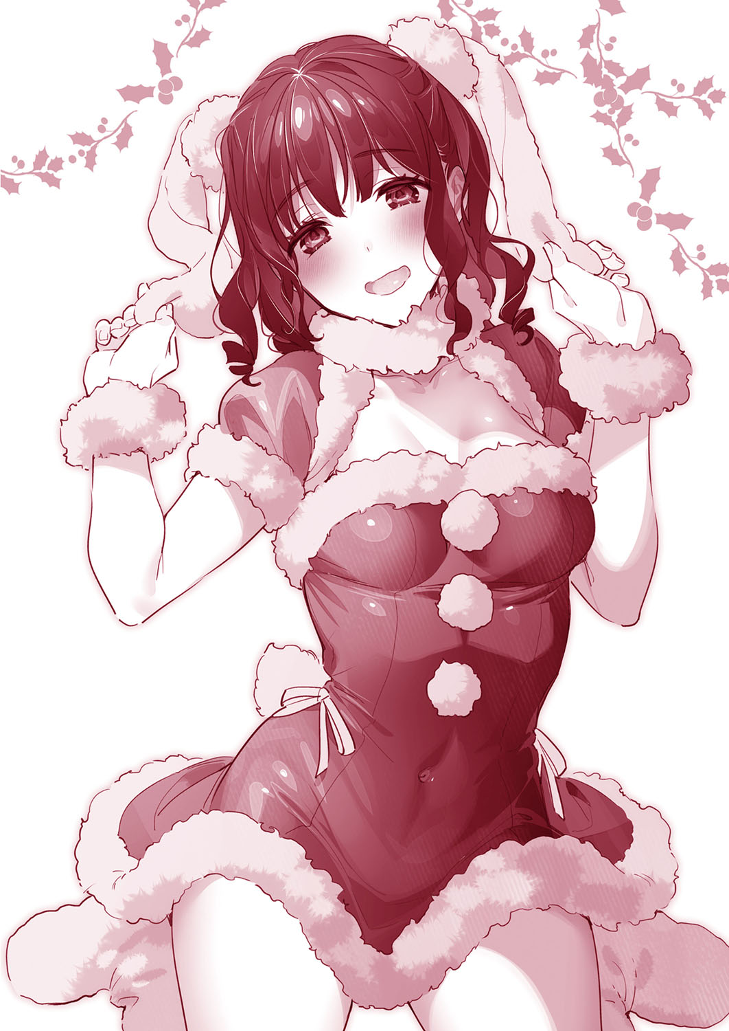 1girl :d animal_ears blush boots breasts covered_navel ear_pull ears_down hands_up head_tilt highres hizuki_akira looking_at_viewer medium_breasts monochrome original pom_pom_(clothes) puffy_short_sleeves puffy_sleeves rabbit_ears red_theme santa_dress short_sleeves simple_background sitting smile solo wariza white_background