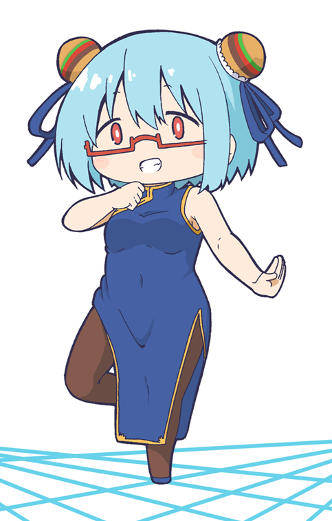 1girl bare_arms bare_shoulders blue_dress blue_hair blue_ribbon brown_legwear chibi china_dress chinese_clothes commentary_request double_bun dress hair_between_eyes hair_ribbon hamburger-chan_(hundredburger) masaki_itsuki original red-framed_eyewear red_eyes ribbon semi-rimless_eyewear shiny shiny_hair short_hair sleeveless sleeveless_dress solo under-rim_eyewear white_background