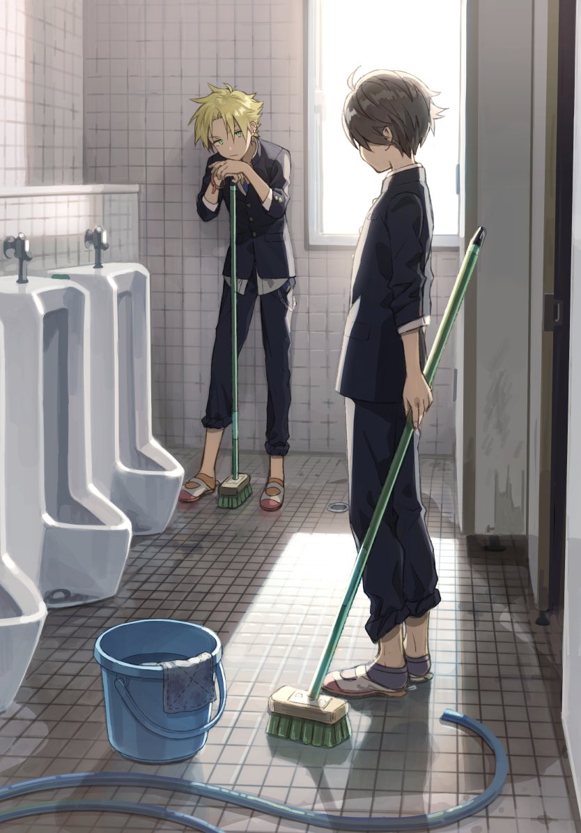 2boys bangs bathroom black_hair black_jacket black_pants blonde_hair bucket closed_mouth ear_piercing gakuran green_eyes hair_between_eyes holding hose indoors jacket male_focus mop multiple_boys original pants piercing pillow_(nutsfool) school_uniform shoes sleeves_rolled_up socks standing tile_floor tile_wall tiles toilet_stall urinal uwabaki window