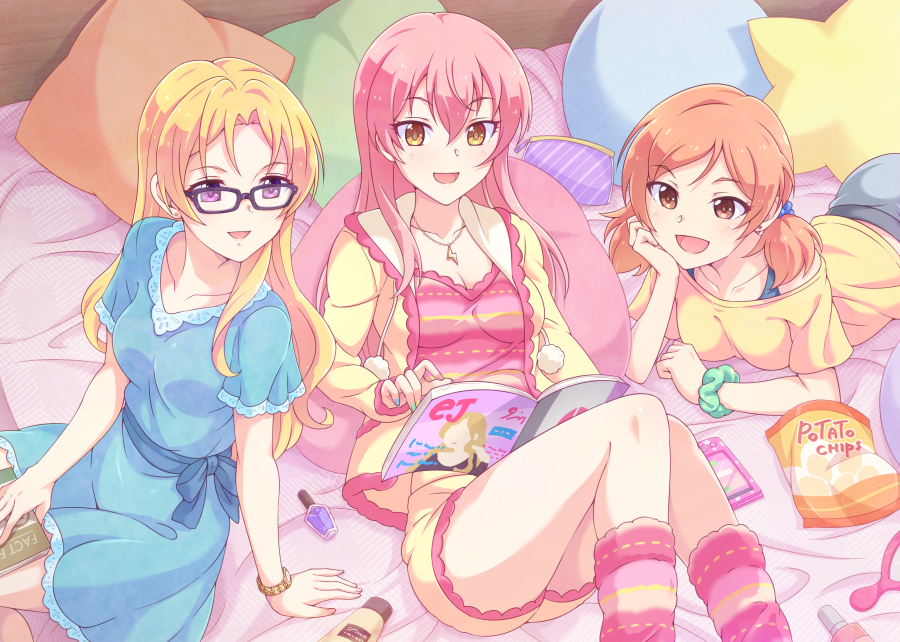 3girls :d bag_of_chips bangs black-framed_eyewear blonde_hair blue_dress blush breasts brown_eyes brown_hair character_request collarbone dress e20 eyebrows_visible_through_hair feet_out_of_frame glasses green_scrunchie hair_between_eyes idolmaster idolmaster_cinderella_girls jacket jougasaki_mika long_hair low_twintails magazine multiple_girls off-shoulder_shirt off_shoulder on_bed open_clothes open_jacket open_mouth pillow pink_hair scrunchie shirt short_shorts short_sleeves shorts small_breasts smile socks star_pillow striped striped_legwear twintails violet_eyes wrist_scrunchie yellow_jacket yellow_shirt yellow_shorts
