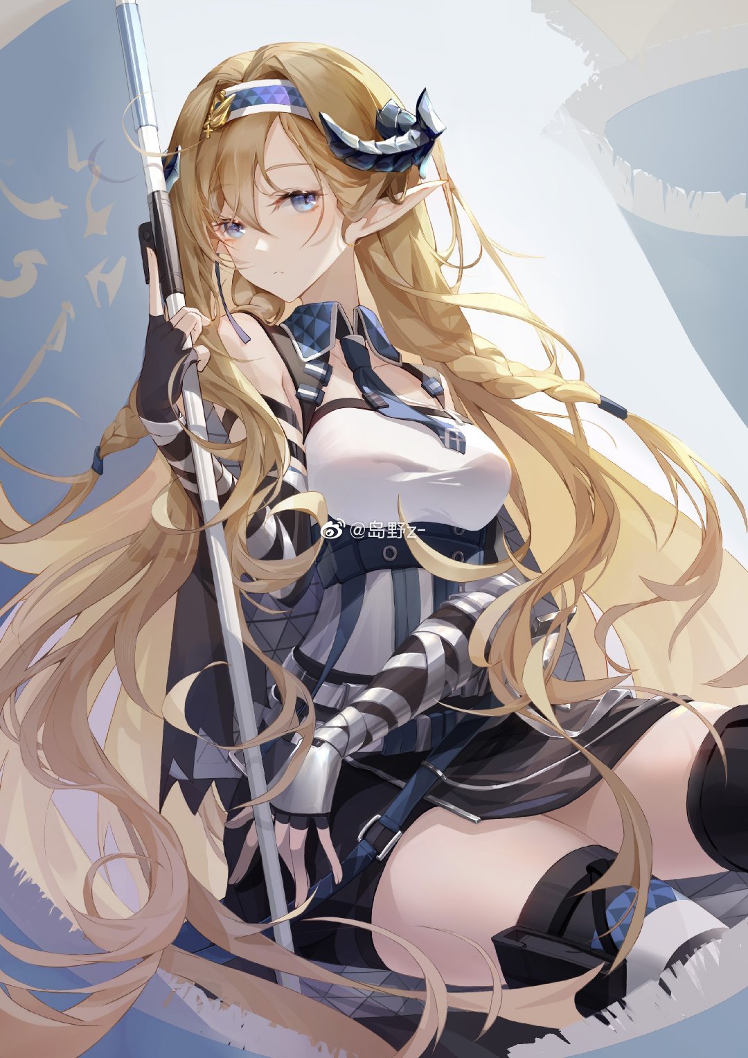 1girl arknights bangs bare_shoulders black_gloves black_legwear blonde_hair blue_eyes blue_hairband blue_neckwear breasts chinese_commentary commentary_request daoye_z- eyebrows_visible_through_hair fingerless_gloves gloves hair_between_eyes hairband hand_up highres holding horns long_hair looking_at_viewer medium_breasts necktie pointy_ears saileach_(arknights) sitting solo thigh-highs thighs very_long_hair
