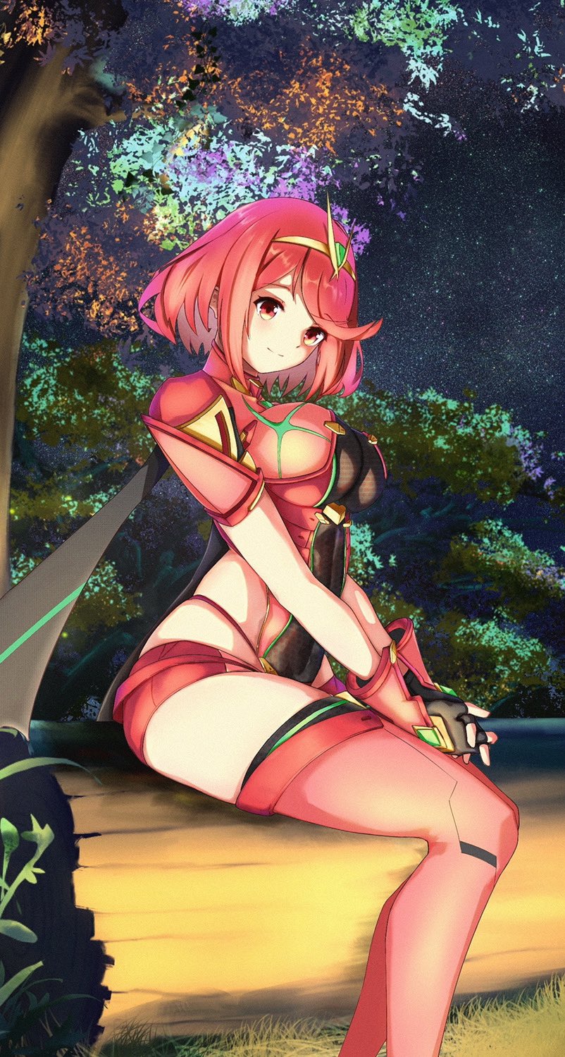 1girl bangs black_gloves breasts chest_jewel earrings fingerless_gloves gloves highres jewelry large_breasts oreoreoxt pyra_(xenoblade) red_eyes red_legwear red_shorts redhead short_hair short_shorts shorts solo swept_bangs thigh-highs tiara xenoblade_chronicles_(series) xenoblade_chronicles_2