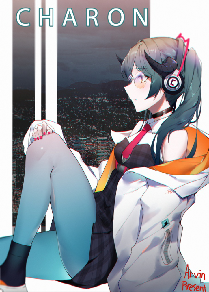 1girl bare_legs belt black_choker black_dress choker closed_mouth commentary_request dress expressionless from_side glasses green_hair hand_on_own_knee hand_on_own_leg headphones horns jacket karon_(vtuber) karon_official long_hair long_sleeves nail_polish necktie nijisanji off_shoulder open_clothes open_jacket pleated_dress profile puffy_sleeves red_belt red_nails red_neckwear rimless_eyewear round_eyewear sdustz solo twintails violet_eyes virtual_youtuber virtuareal white_jacket window