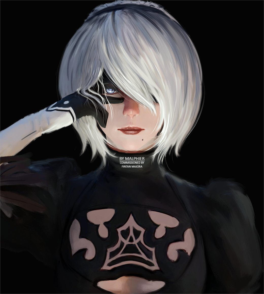 1girl black_background black_blindfold black_dress black_gloves black_hairband blindfold blindfold_lift bob_cut cleavage_cutout clothing_cutout dress feather-trimmed_sleeves gloves grey_eyes hairband juliet_sleeves long_sleeves malphier mole mole_under_mouth nier_(series) nier_automata puffy_sleeves short_hair solo symbol-only_commentary watermark white_hair yorha_no._2_type_b