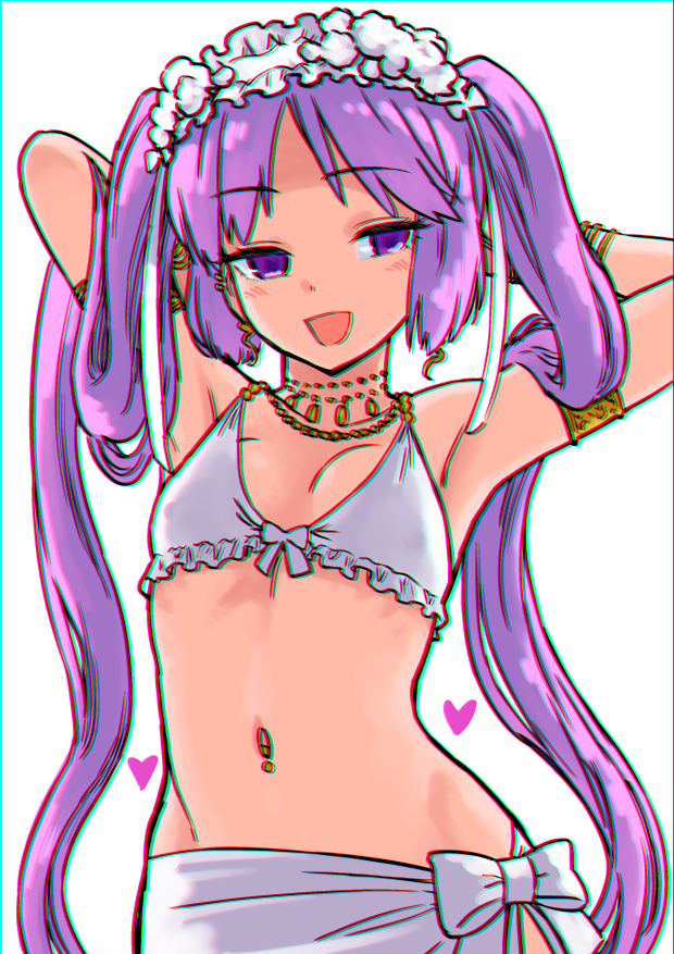1girl :d armlet arms_behind_head bikini blush bow breasts character_request chromatic_aberration cowboy_shot fate/grand_order fate_(series) frilled_bikini frills gold_bracelet hairband jewelry long_hair navel navel_piercing necklace open_mouth piercing purple_hair sabaku_chitai sarong simple_background small_breasts smile solo swimsuit very_long_hair violet_eyes white_background white_bikini white_bow