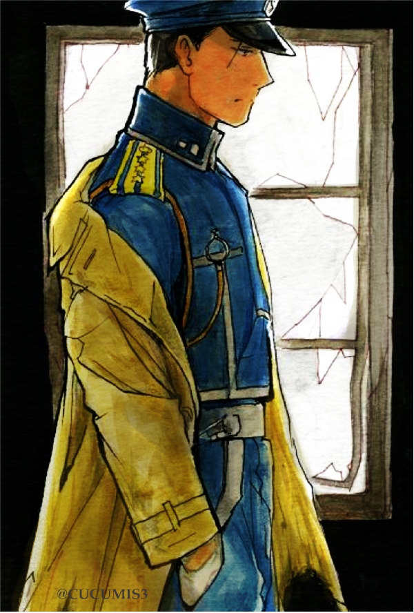 1boy aiguillette amestris_military_uniform black_eyes black_hair blue_headwear blue_jacket blue_pants broken_glass buttons closed_mouth coat coat_removed double-breasted from_side fullmetal_alchemist glass gloves hair_strand half-closed_eyes hand_in_pocket hat high_collar indoors jacket looking_afar male_focus military military_hat military_jacket military_uniform open_clothes open_coat pants peaked_cap profile roy_mustang serious shade sidelighting torn_clothes torn_coat tsurime uniform urikurage white_gloves window