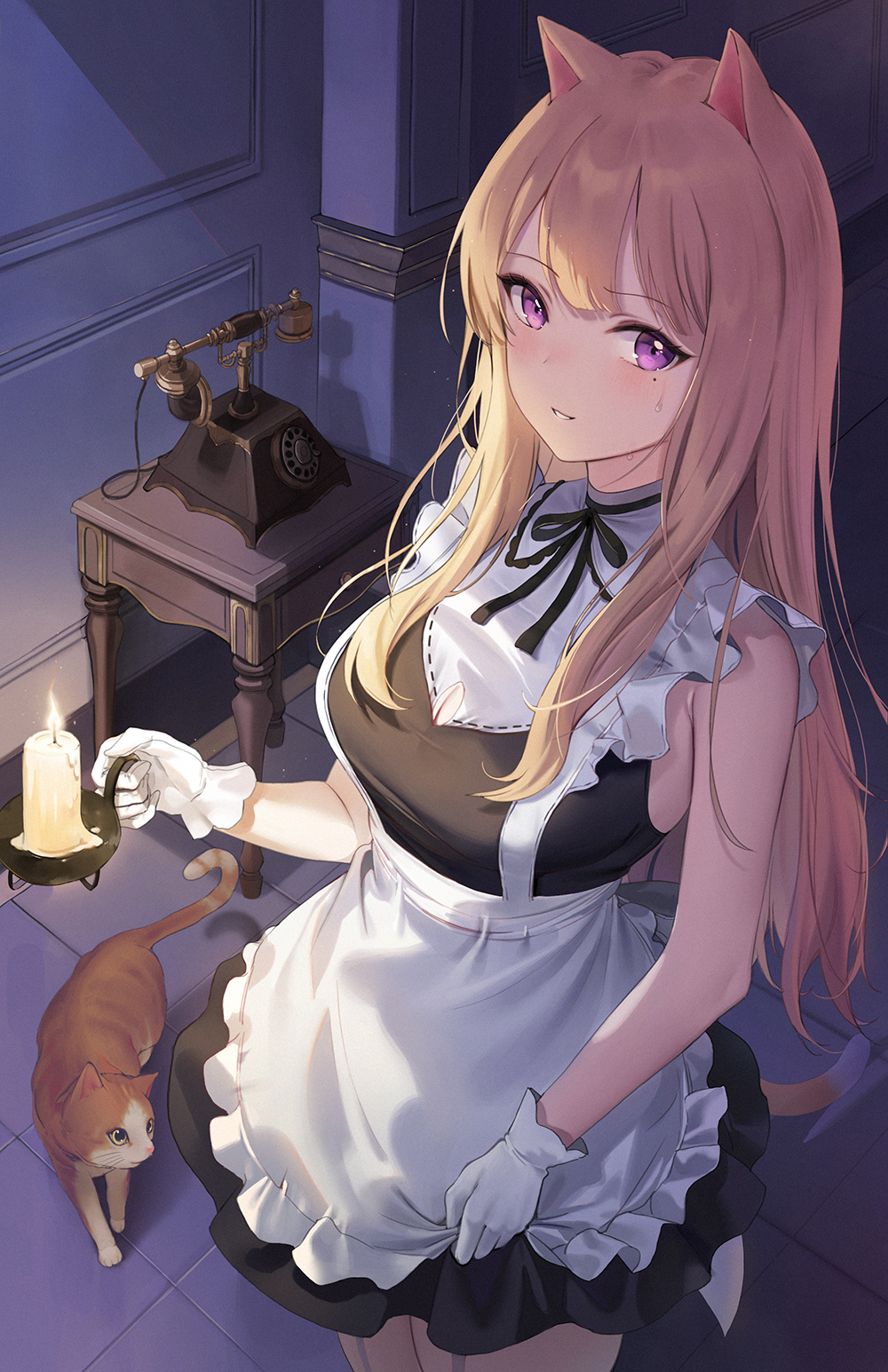 1girl animal_ears apron bare_arms bare_shoulders black_dress blonde_hair breasts candle cat cat_ears cat_girl cat_tail commentary dress emyo frilled_dress frills garter_straps gloves highres holding long_hair looking_at_viewer maid maid_apron medium_breasts mole mole_under_eye original parted_lips sleeveless sleeveless_dress smile solo sweat tail violet_eyes white_gloves