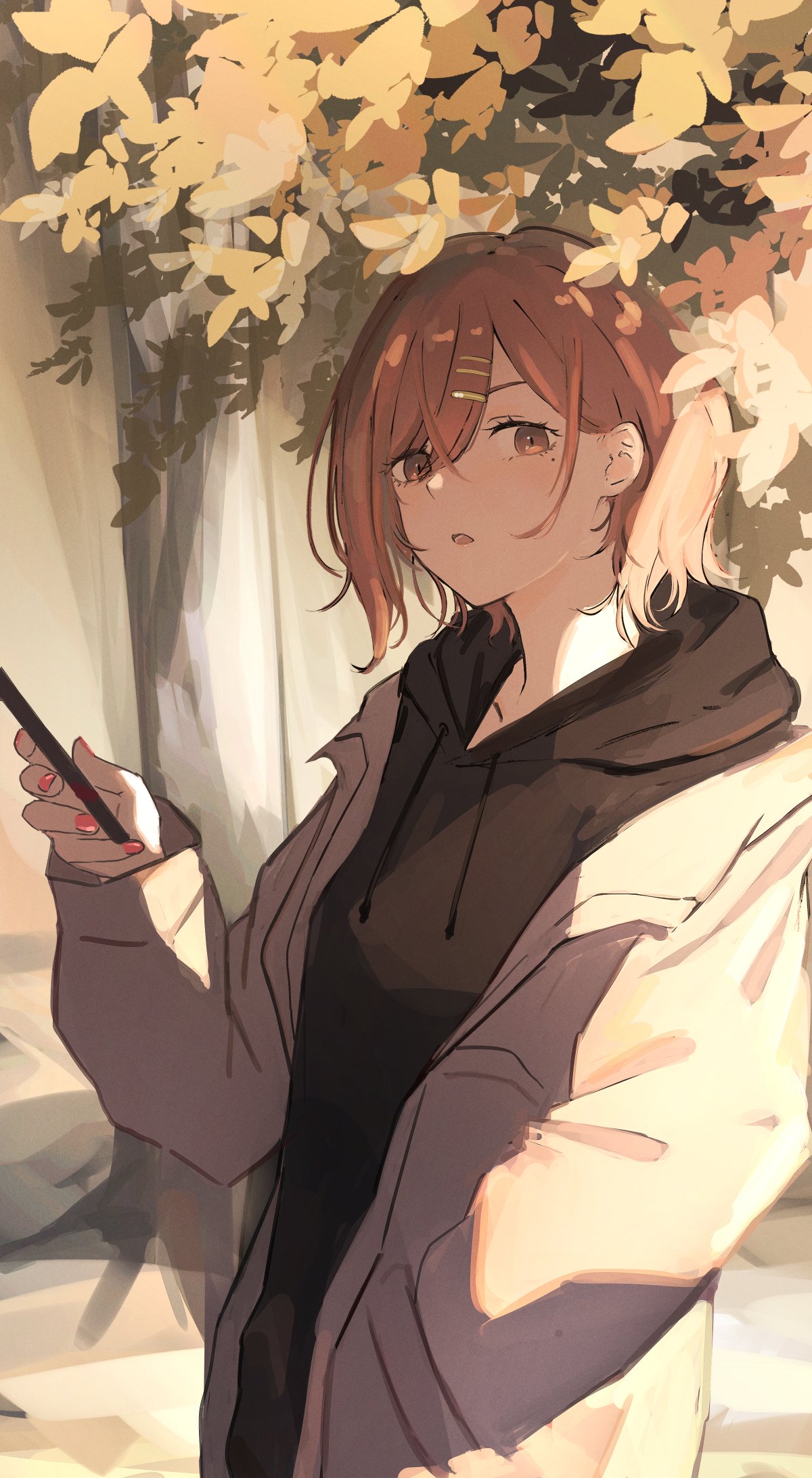 1girl black_hoodie hair_ornament hairclip hand_in_pocket highres holding holding_phone hood hoodie jacket looking_at_viewer nail_polish open_mouth original outdoors phone redhead short_hair solo standing sunlight takagaki_eru tree