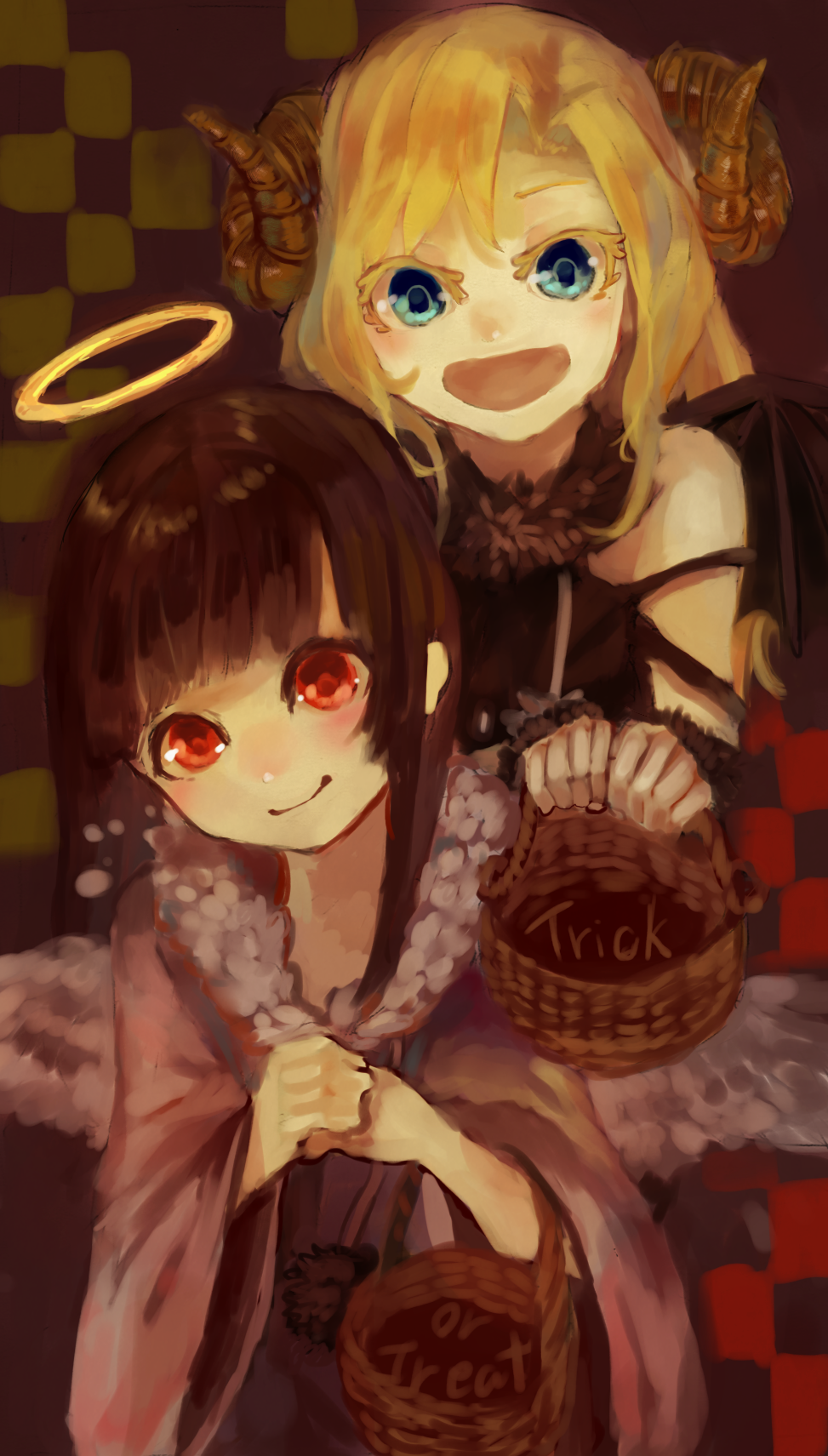 2girls alternate_costume angel_wings blonde_hair blue_eyes brown_hair checkered checkered_background closed_mouth demon_wings dress fake_horns halloween halo highres horns ib ib_(ib) long_hair looking_at_viewer mary_(ib) milimilihosi multiple_girls open_mouth red_eyes smile trick_or_treat wings