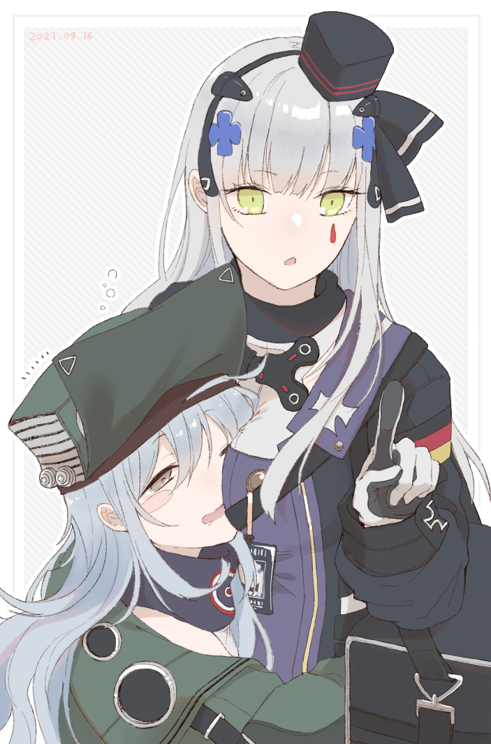 2girls bag bangs blush breasts crossed_bangs dated eyebrows_visible_through_hair face_to_breasts feet_out_of_frame g11_(girls'_frontline) german_flag girls_frontline gloves green_eyes green_headwear grey_eyes hair_ribbon hat headphones hk416_(girls'_frontline) holding holding_bag hug index_finger_raised light_blue_hair long_hair looking_at_viewer looking_up medium_breasts mini_hat multiple_girls open_mouth purple_scarf rabb_horn ribbon scarf silver_hair simple_background standing tactical_clothes teardrop teardrop_facial_mark teardrop_tattoo uniform upper_body white_gloves