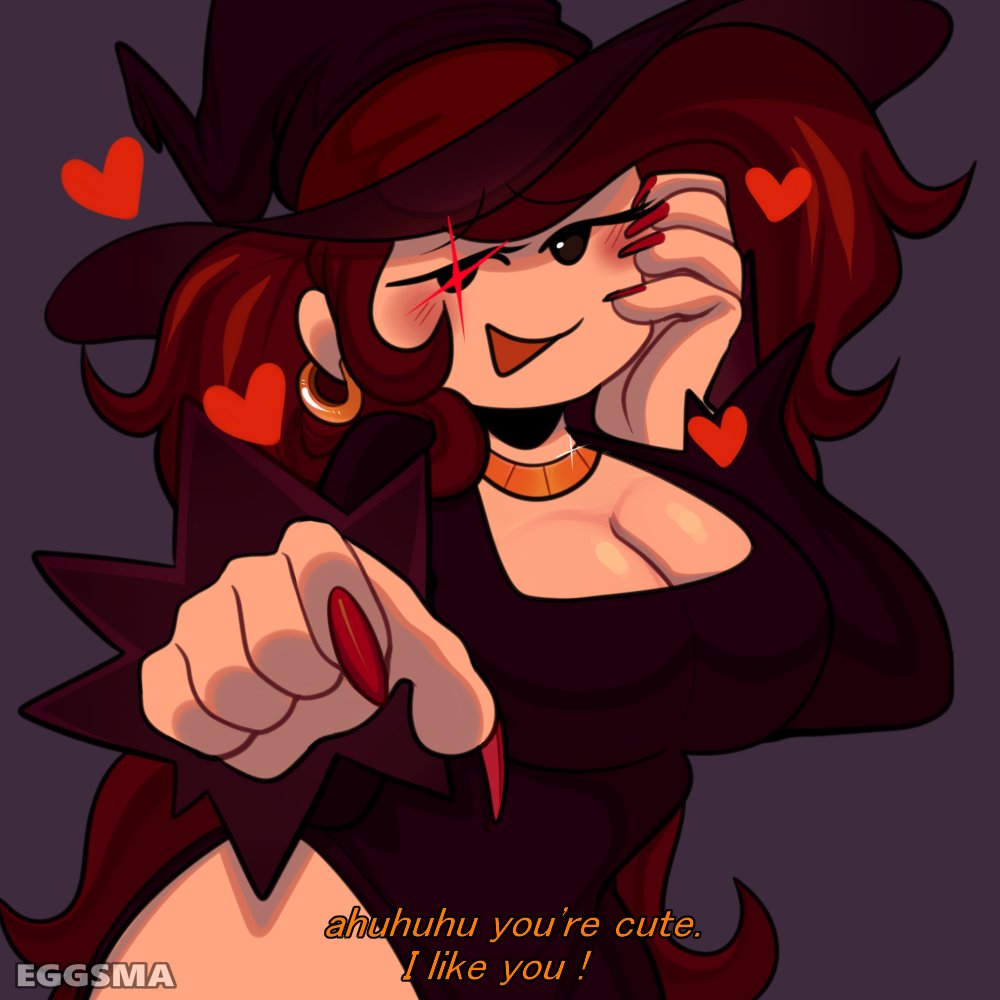 1girl alternate_costume cute dress eggsma friday_night_funkin' girlfriend_(friday_night_funkin') halloween halloween_costume haxeflixel heart newgrounds pointing pointing_at_viewer purple_background red_nails simple_background smile solo witch_hat