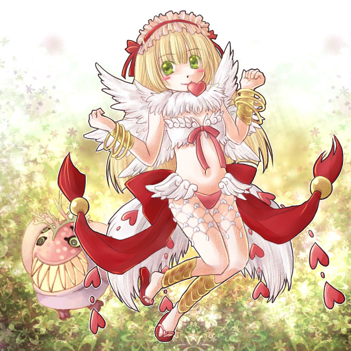 1girl bangle bangs bikini blonde_hair bow bracelet bracer closed_mouth commentary_request eyebrows_visible_through_hair feathered_wings frilled_hairband frills full_body green_eyes hairband heart jewelry large_bow long_hair looking_at_viewer manoji mismatched_bikini navel phreeoni ragnarok_online red_bikini red_bow red_footwear red_hairband sandals smile swimsuit wanderer_(ragnarok_online) white_bikini white_wings wings