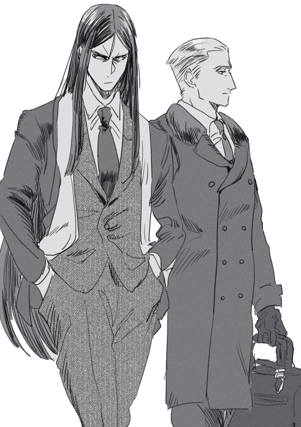 2boys briefcase coat fate_(series) formal frown gloves greyscale hair_slicked_back hands_in_pockets highres hya_(ohyaarin) kayneth_el-melloi_archibald long_hair lord_el-melloi_ii monochrome multiple_boys necktie overcoat suit symbol-only_commentary waver_velvet