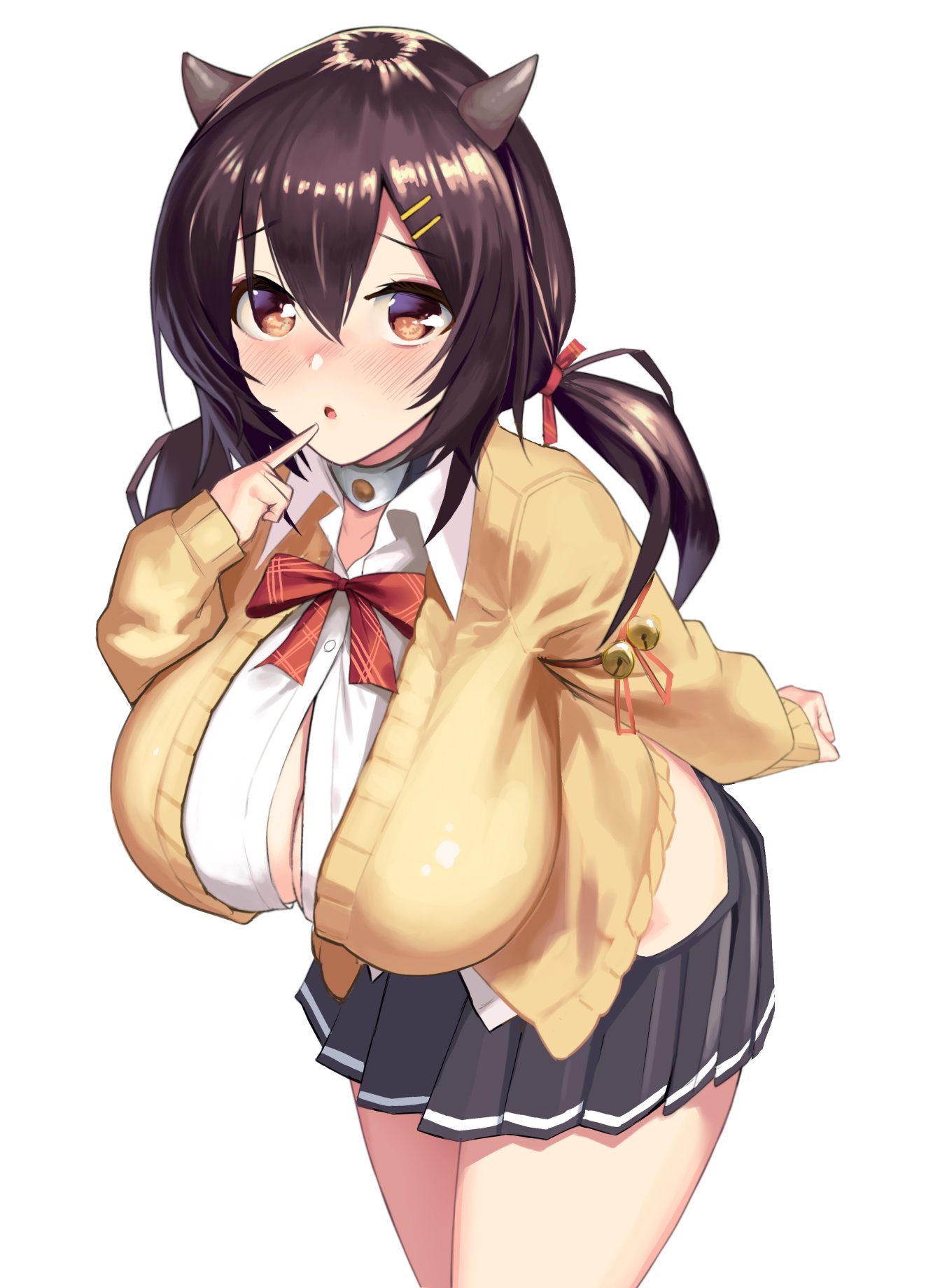 1girl alternate_breast_size azur_lane bell black_hair blush bow breasts brown_eyes button_gap cardigan commentary_request gen_(black_factory) hair_between_eyes hair_ornament hairclip highres horns huge_breasts long_hair long_sleeves looking_at_viewer nagara_(azur_lane) open_mouth pleated_skirt shirt skirt solo twintails white_shirt