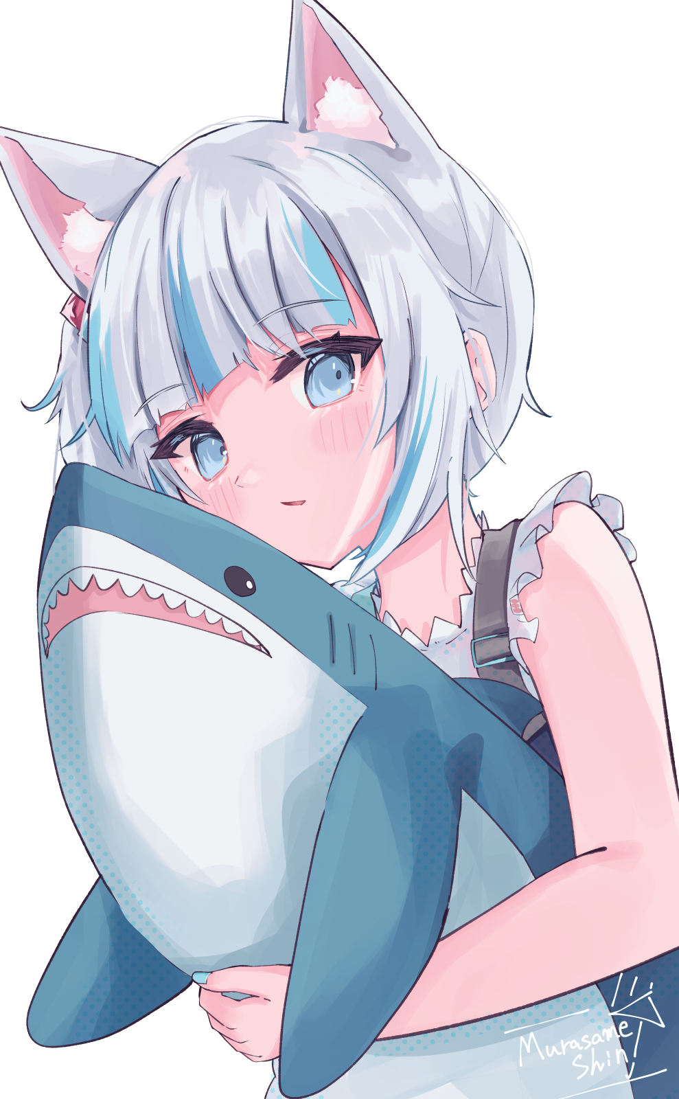 1girl animal_ear_fluff animal_ears bangs blue_eyes blue_hair blue_nails blush cat_ears commentary_request doll_hug extra_ears eyebrows_visible_through_hair gawr_gura highres hololive hololive_english looking_at_viewer nail_polish object_hug parted_lips shin_murasame shirt short_hair side_ponytail signature silver_hair simple_background sleeveless sleeveless_shirt solo stuffed_animal stuffed_shark stuffed_toy underwear virtual_youtuber white_background white_shirt