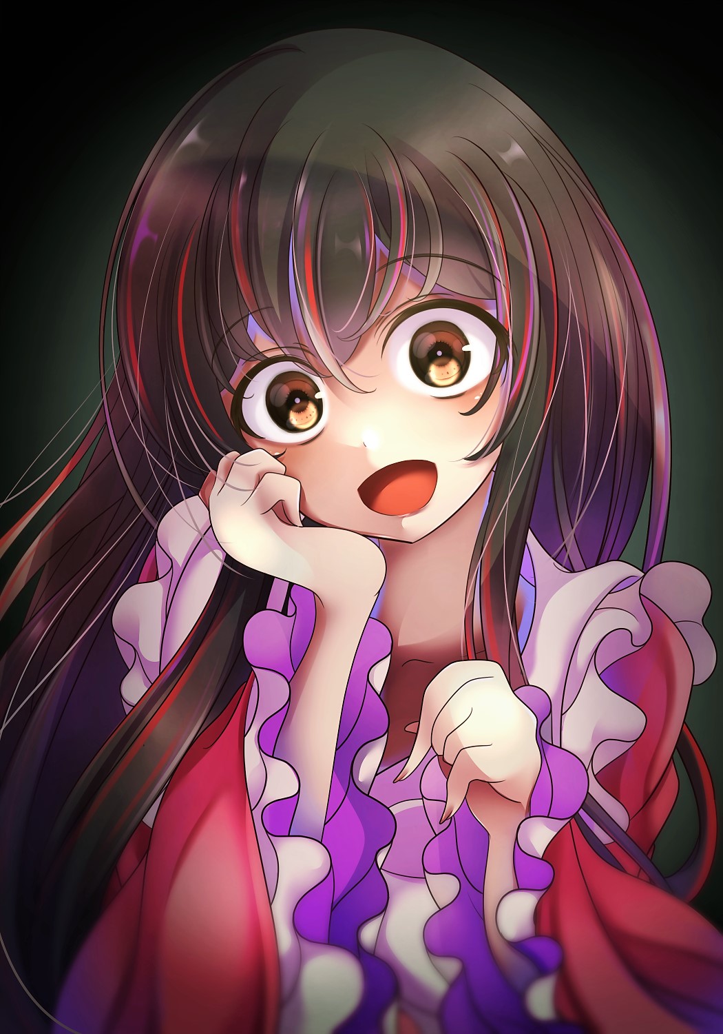 1girl bangs blouse eyebrows_visible_through_hair highres houraisan_kaguya kana_(user_rkuc4823) long_sleeves looking_at_viewer open_mouth pink_blouse pink_sleeves smile solo touhou wide_sleeves