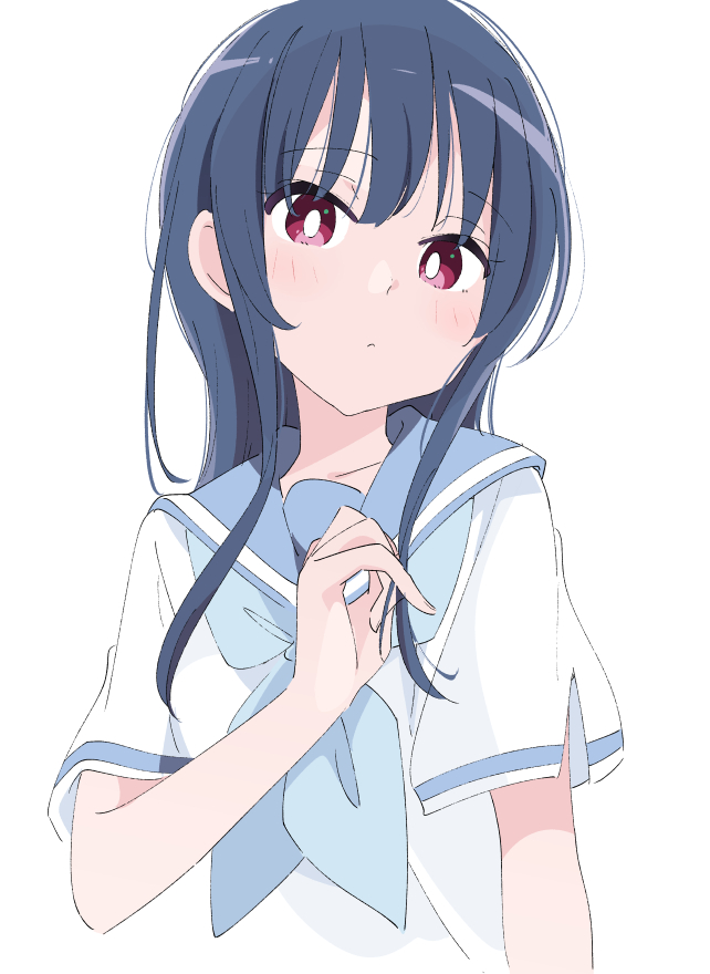 1girl bangs blue_hair blue_neckwear blue_sailor_collar blush bright_pupils closed_mouth collarbone commentary eyebrows_visible_through_hair hand_in_hair hibike!_euphonium ixy light_frown long_hair looking_at_viewer red_eyes sailor_collar school_uniform serafuku shirt short_sleeves sidelocks simple_background solo upper_body white_background white_serafuku white_shirt yoroizuka_mizore