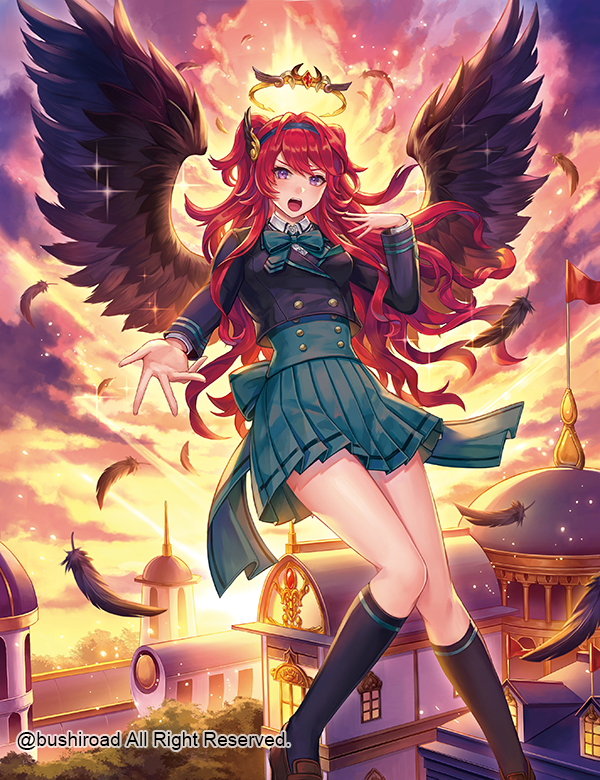 1girl aqua_bow aqua_neckwear aqua_skirt black_legwear bow bowtie brown_footwear building cardfight!!_vanguard company_name day feathered_wings feathers flag flying halo hand_up kneehighs konomi_(lovecrab) long_hair long_sleeves official_art outdoors outstretched_hand pleated_skirt redhead skirt sunset violet_eyes wings