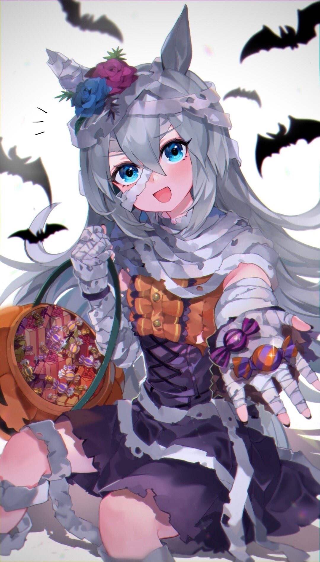 1girl animal_ears aqua_eyes bandaged_arm bandaged_head bandages bangs bat blue_flower blue_rose candy center_frills commentary dress feet_out_of_frame flower food frills hair_between_eyes hair_flower hair_ornament halloween_bucket highres horse_ears invisible_chair kyuurisoda long_hair looking_at_viewer make_up_in_halloween!_(umamusume) notice_lines open_mouth outstretched_arm purple_dress reaching_out rose shadow sitting solo sparkle tamamo_cross_(umamusume) umamusume