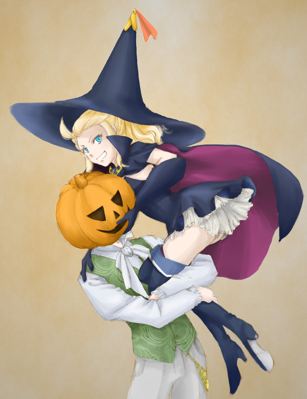 1boy 1girl ahoge alternate_costume blonde_hair blue_eyes bow bravely_default:_flying_fairy bravely_default_(series) came_2010 cape edea_lee elbow_gloves gloves hair_bow halloween hat jack-o'-lantern long_hair looking_at_viewer nintendo ringabel simple_background smile square_enix thigh-highs witch_hat