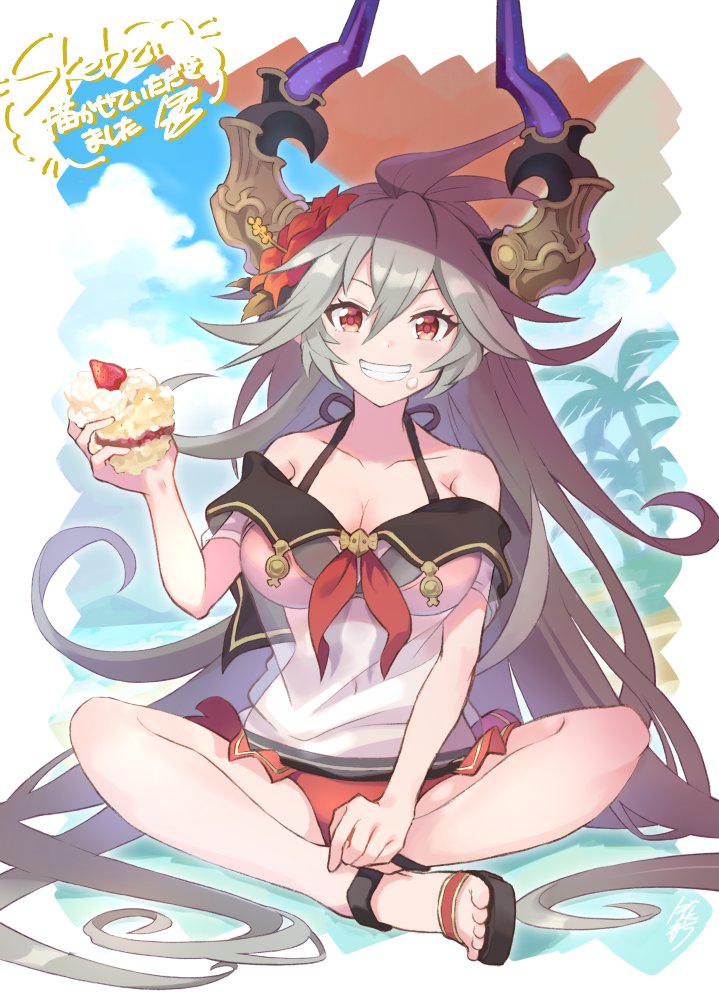 1girl artist_request breasts cake draph food granblue_fantasy grey_hair horns large_breasts long_hair red_eyes sandals sitting smile swimsuit threo_(granblue_fantasy)