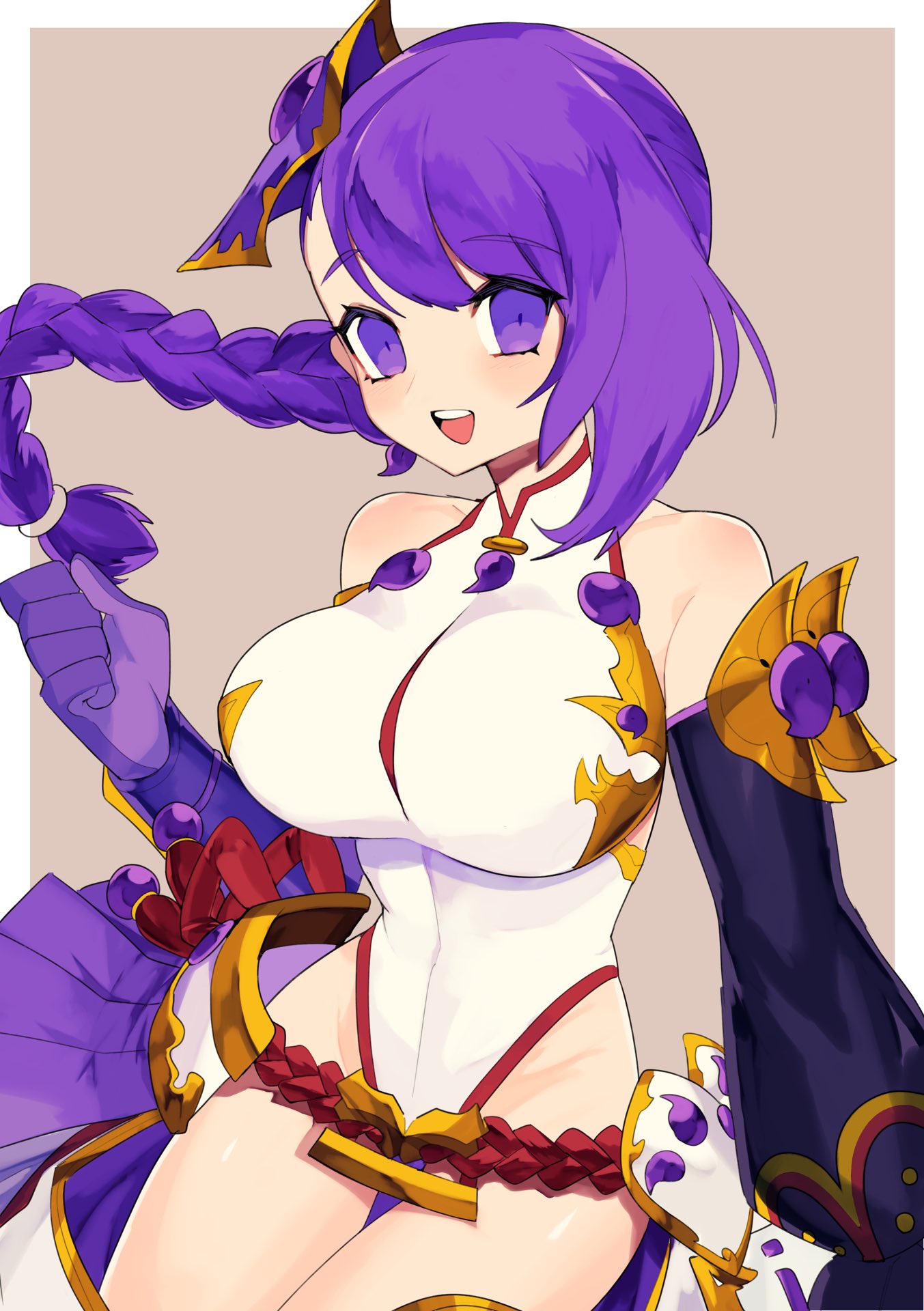 1girl :d bangs bare_shoulders belt bracer braid breasts clenched_hand detached_sleeves eyebrows_visible_through_hair gloves hacco_mayu highres leotard long_hair looking_at_viewer open_mouth pleated_skirt purple_gloves purple_hair puzzle_&amp;_dragons skirt smile solo teeth violet_eyes