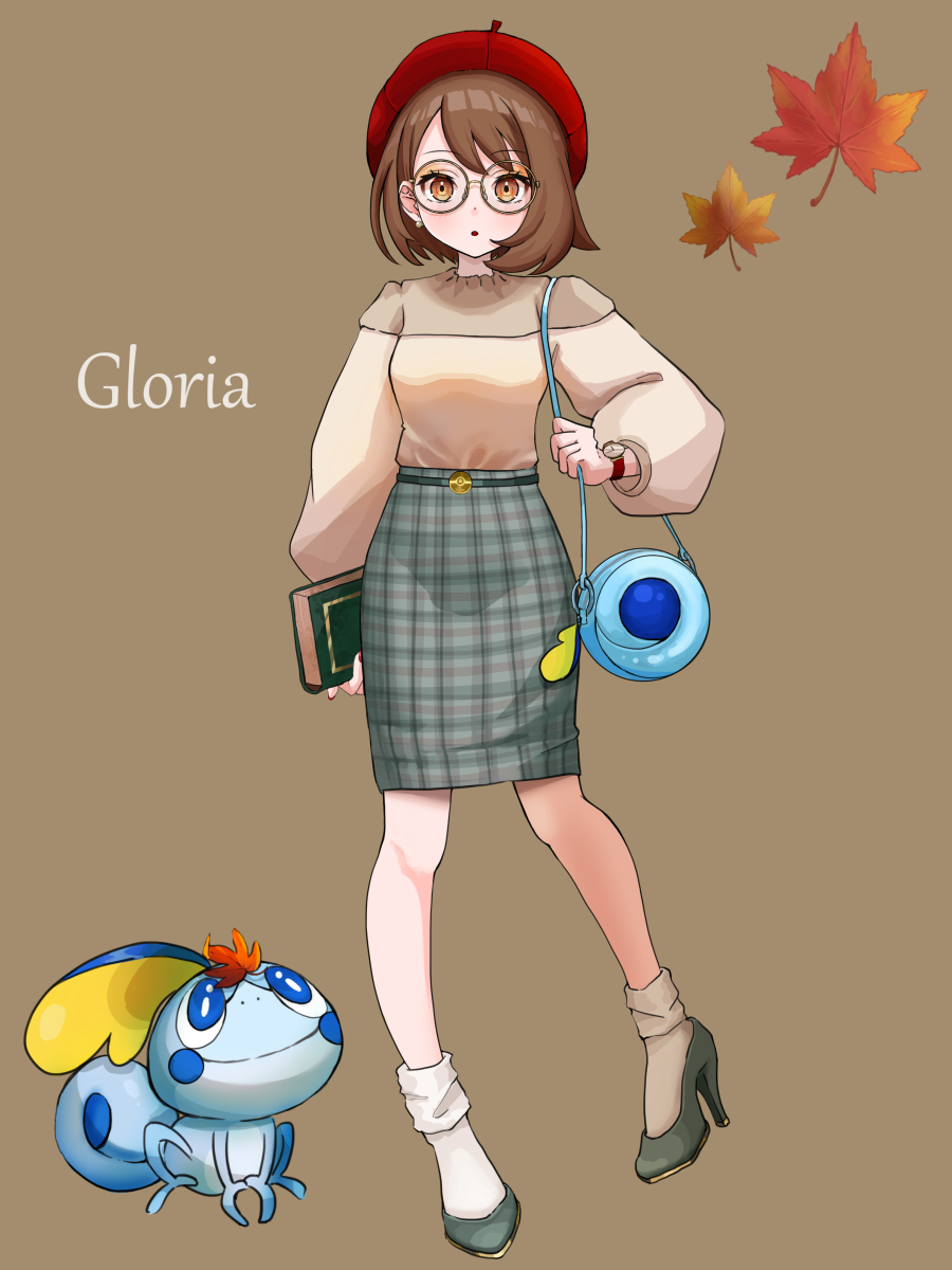 1girl alternate_costume autumn_leaves bag bangs bespectacled blue_bag blush book brown_background brown_eyes brown_hair character_name glasses gloria_(pokemon) green_footwear handbag hat high_heels highres holding holding_book looking_at_viewer plaid plaid_skirt pokemon pokemon_(creature) pokemon_(game) pokemon_swsh red_headwear setta_shu short_hair skirt sobble socks standing symbol-only_commentary themed_object watch watch