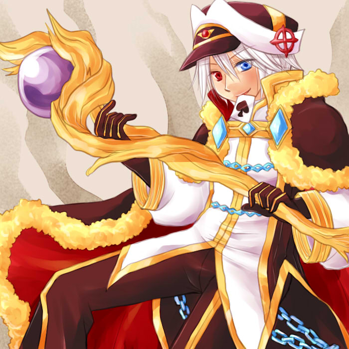 1boy bangs blue_eyes brown_cape brown_gloves brown_headwear brown_pants brown_shirt cape card card_in_mouth chain commentary_request eyebrows_visible_through_hair feet_out_of_frame fur-trimmed_cape fur_trim gloves gold_trim hair_between_eyes hat heterochromia holding holding_staff long_sleeves looking_at_viewer male_focus manoji mouth_hold official_alternate_costume open_mouth pants peaked_cap playing_card ragnarok_online red_cape red_eyes shirt short_hair smile solo staff two-sided_cape two-sided_fabric warlock_(ragnarok_online) white_headwear