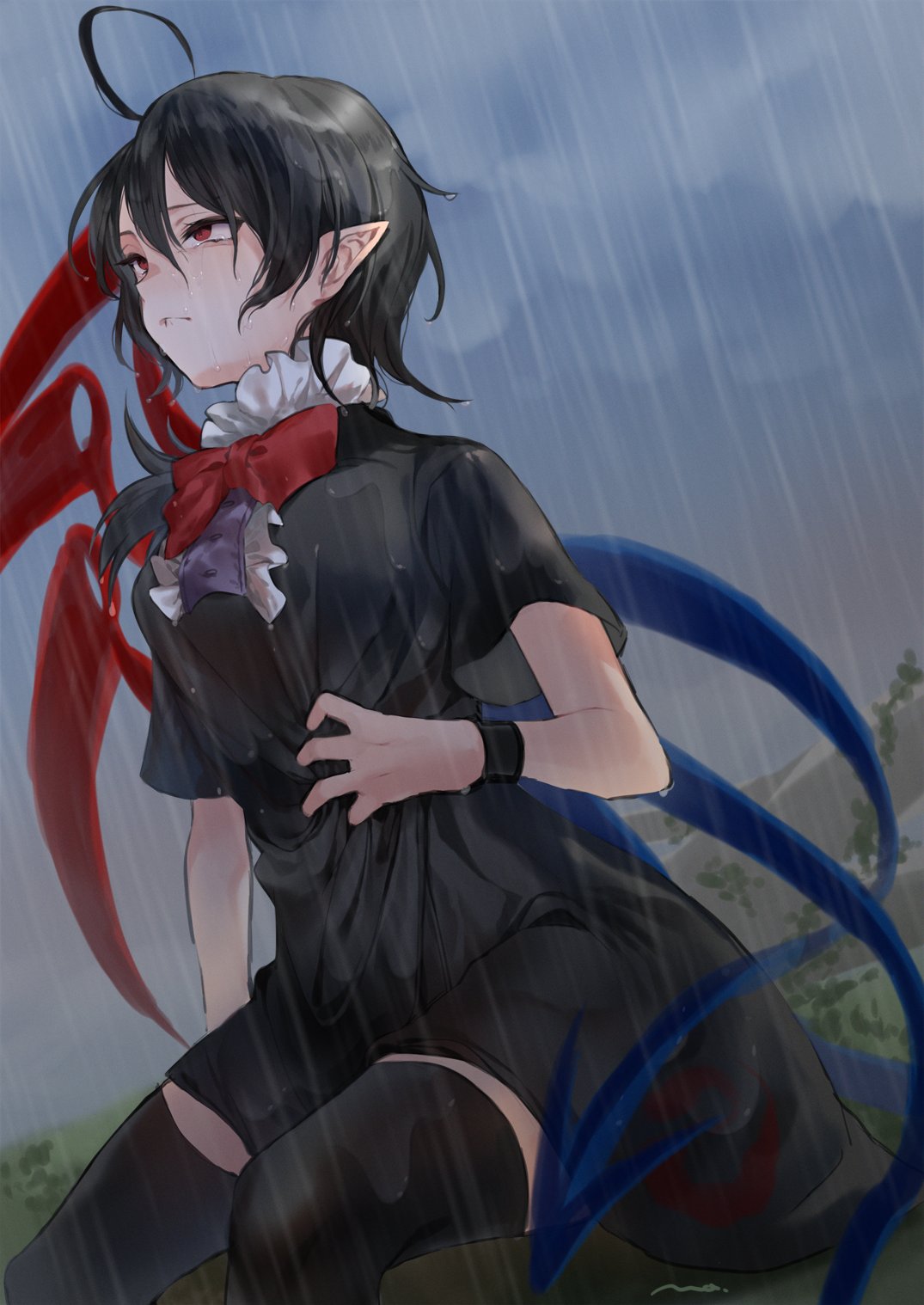 1girl :/ ahoge asymmetrical_wings bangs black_dress black_hair black_legwear blue_wings blush bow bowtie breasts buttons center_frills clothes_grab clouds cloudy_sky dress footwear_bow frilled_dress frills full_body hair_between_eyes highres houjuu_nue looking_to_the_side makita_(vector1525) medium_breasts pointy_ears rain red_bow red_eyes red_footwear red_neckwear red_wings short_dress short_hair short_sleeves sitting sky thigh-highs touhou wet wet_clothes wet_hair wings wristband zettai_ryouiki