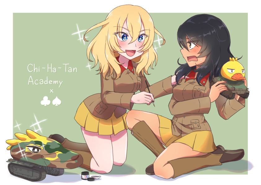 +_+ andou_(girls_und_panzer) arl-44 black_hair blonde_hair blue_eyes boots breast_pocket brown_eyes brown_footwear brown_jacket chi-hatan_military_uniform dark-skinned_female dark_skin english_text girls_und_panzer holding holding_paintbrush jacket knee_boots long_sleeves medium_hair messy_hair oshida_(girls_und_panzer) paintbrush pleated_skirt pocket s35 salt-apple skirt yellow_skirt