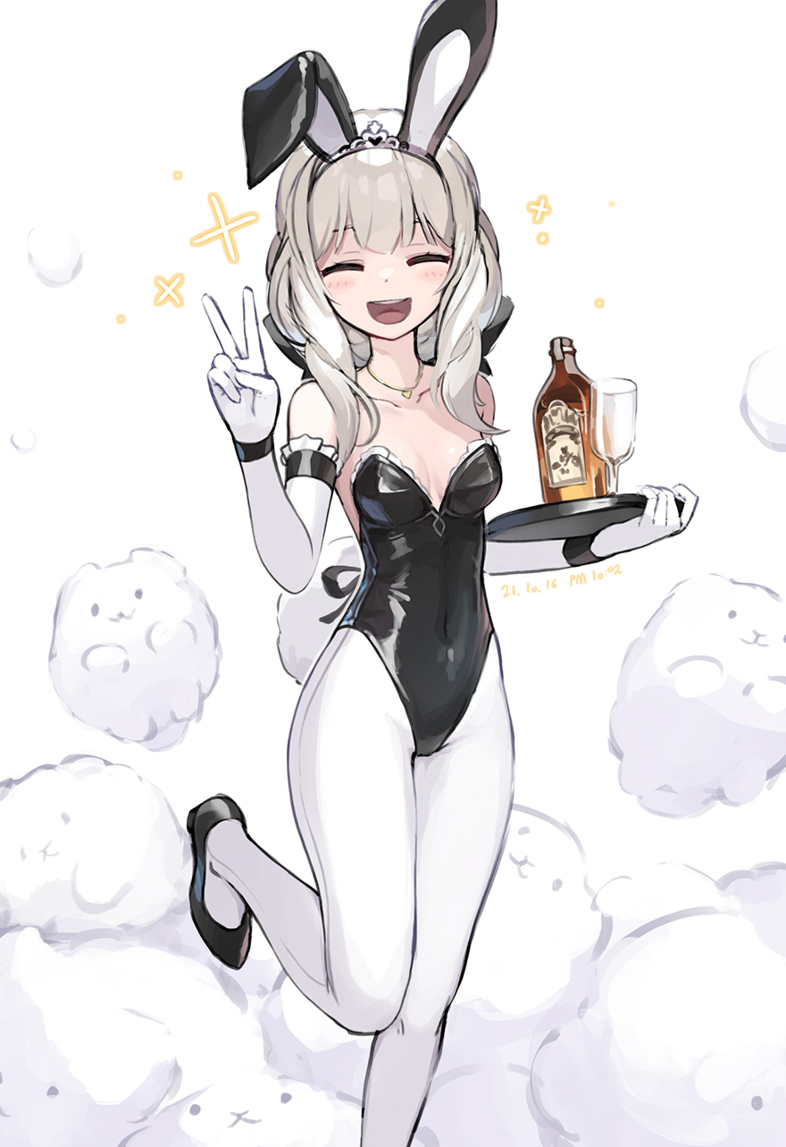 1girl :d alcohol animal animal_ears asicah black_footwear black_leotard blush bottle breasts closed_eyes commentary copyright_request covered_navel dated elbow_gloves facing_viewer fake_animal_ears foot_out_of_frame glass gloves hairband high_heels highres holding holding_tray jewelry leg_up leotard light_brown_hair long_hair necklace open_mouth rabbit_ears simple_background small_breasts smile solo standing standing_on_one_leg strapless strapless_leotard symbol-only_commentary teeth tray upper_teeth v white_background white_gloves white_legwear wristband