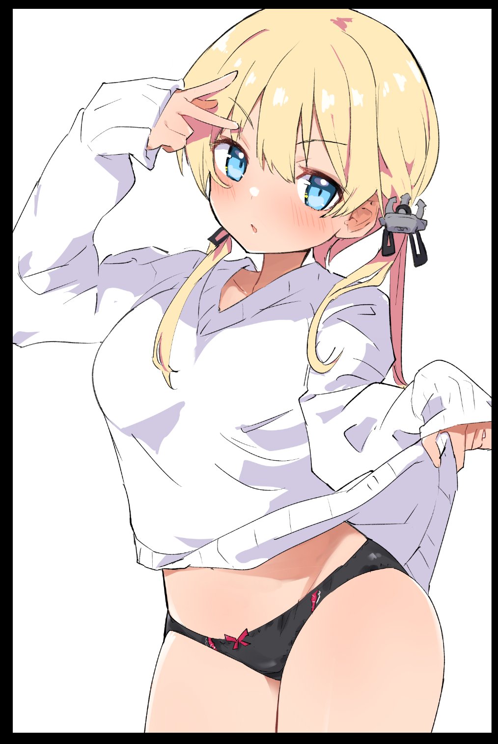 1girl anchor_hair_ornament bangs black_border black_pants blonde_hair border bow bow_panties caburi clothes_lift commentary eyebrows_visible_through_hair hair_ornament hat highres kantai_collection lifted_by_self long_hair long_sleeves looking_at_viewer low_twintails no_pants panties pants parted_lips prinz_eugen_(kancolle) simple_background sleeves_past_wrists solo standing sweater sweater_lift twintails underwear v v-neck white_background white_sweater
