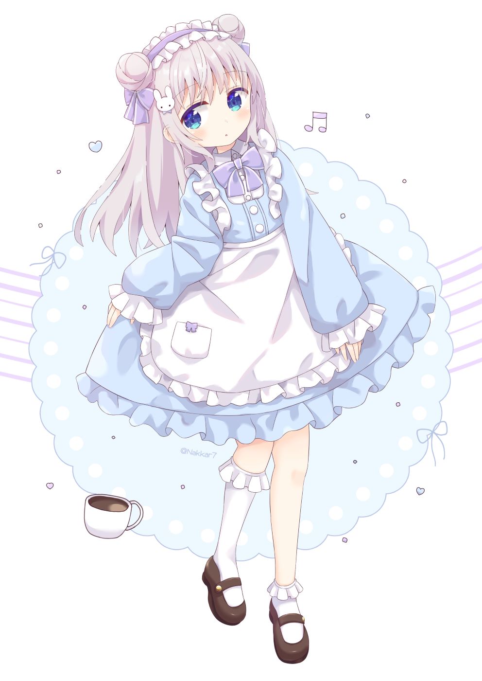 1girl :o apron asymmetrical_legwear bangs beamed_sixteenth_notes black_footwear blue_dress blush bow bunny_hair_ornament coffee commentary_request cup double_bun dress eyebrows_visible_through_hair frilled_apron frilled_hairband frilled_legwear frilled_sleeves frills full_body grey_hair hair_bow hair_ornament hairband highres kneehighs long_sleeves looking_at_viewer maid musical_note nakkar original parted_lips puffy_long_sleeves puffy_sleeves purple_bow purple_hairband shoes single_kneehigh single_sock sleeves_past_wrists socks solo standing standing_on_one_leg twitter_username white_apron white_legwear