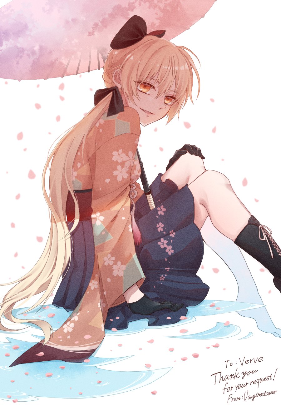 1girl black_footwear black_gloves blonde_hair blue_skirt boots bow braid commission eyebrows_visible_through_hair girls_frontline gloves hair_bow hand_on_own_knee highres japanese_clothes long_hair looking_at_viewer oil-paper_umbrella open_mouth orange_eyes ots-14_(girls'_frontline) petals rabb_horn sitting skeb_commission skirt smile solo umbrella water