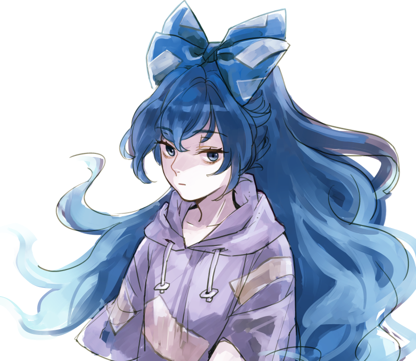 1girl asakura_noi bangs blue_bow blue_eyes blue_hair bow closed_mouth eyebrows_visible_through_hair grey_shirt grey_sleeves hair_between_eyes hood hoodie long_hair looking_at_viewer shirt short_sleeves simple_background solo touhou upper_body white_background yorigami_shion