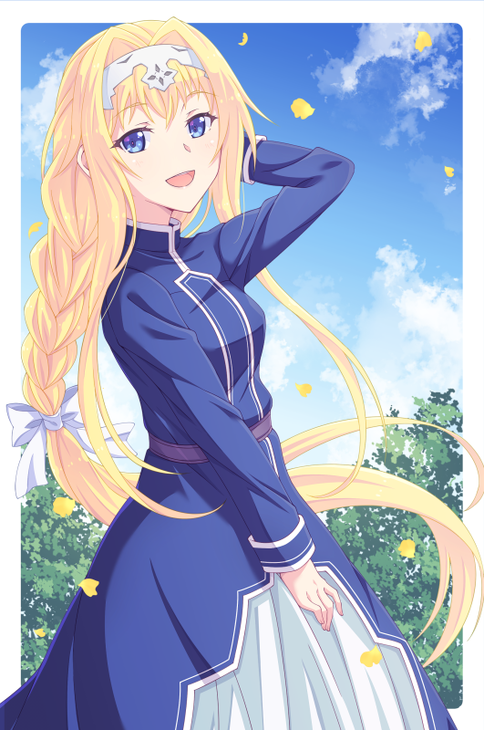 1girl :d alice_zuberg arm_behind_head bangs blonde_hair blue_dress blue_eyes blue_sky braid breasts clouds day dress e20 eyebrows_visible_through_hair ginkgo_leaf hair_between_eyes hair_intakes hand_up headpiece long_hair looking_at_viewer looking_to_the_side open_mouth single_braid sky small_breasts smile solo sword_art_online sword_art_online:_alicization very_long_hair