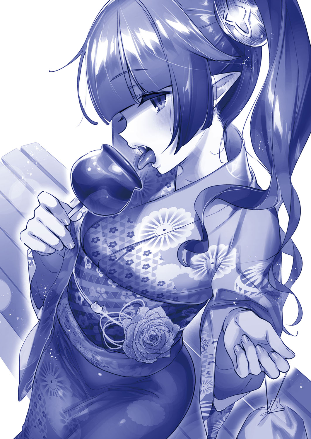 1girl blue_theme blush candy_apple eating fangs fingernails food from_side highres hizuki_akira holding japanese_clothes kimono kinchaku long_hair looking_at_viewer monochrome obi original pointy_ears pouch sash sideways_glance solo tongue tongue_out twintails white_background