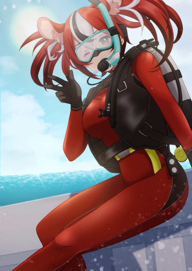 1girl animal_ears black_hair bodysuit clouds commentary_request diving_mask eyebrows_visible_through_hair goggles hair_between_eyes hakos_baelz hololive hololive_english mouse_ears multicolored_hair ocean one_eye_closed pukonuu redhead scuba_gear scuba_tank sky snorkel snorkel_in_mouth sun virtual_youtuber water wetsuit white_hair