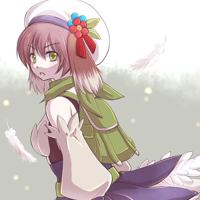 1girl animal_ears backpack bag bangs blue_flower breasts brown_hair commentary_request cowboy_shot detached_sleeves dog_ears eyebrows_visible_through_hair feathers flower green_bag green_eyes green_scarf hair_between_eyes hat hat_flower leaf looking_at_viewer looking_to_the_side manoji medium_breasts official_alternate_costume open_mouth ragnarok_online ranger_(ragnarok_online) red_flower scarf short_hair skirt solo white_headwear white_skirt white_sleeves