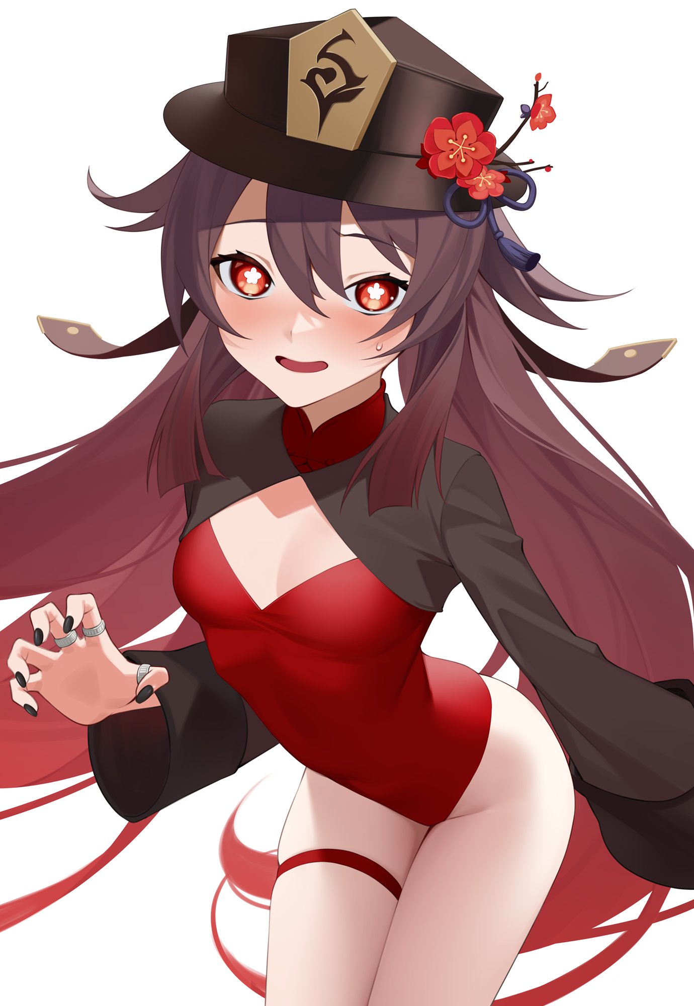 1girl bangs black_nails blush breasts brown_hair claw_pose cleavage_cutout clothing_cutout flower full-face_blush genshin_impact gradient_hair hair_between_eyes hat hat_flower highres hu_tao_(genshin_impact) kuen_(kuennn12) leotard long_hair looking_at_viewer multicolored_hair nervous_smile open_mouth red_eyes red_leotard redhead shrug_(clothing) small_breasts solo sweatdrop symbol-shaped_pupils thigh_strap thighs twintails very_long_hair