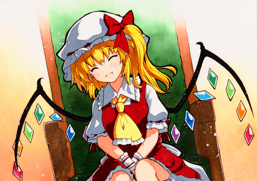 1girl :d ^_^ ascot bangs blonde_hair bow chair closed_eyes crystal eyebrows_visible_through_hair facing_viewer flandre_scarlet frilled_ascot frills gradient gradient_background hat mob_cap one_side_up open_mouth orange_background puffy_short_sleeves puffy_sleeves qqqrinkappp rainbow_order red_bow red_skirt red_vest shirt short_hair short_sleeves sitting skirt smile solo touhou traditional_media upper_body v_arms vest white_headwear white_shirt wings wrist_cuffs yellow_neckwear