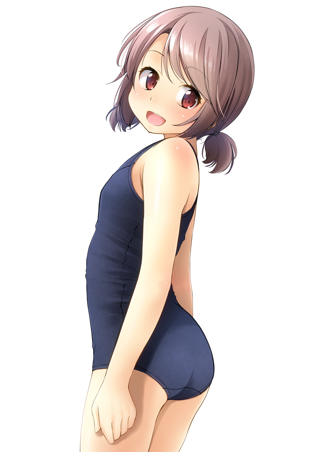 1girl :d ass bangs bare_arms bare_shoulders blue_swimsuit blush brown_hair commentary_request eyebrows_visible_through_hair highres looking_at_viewer looking_to_the_side low_twintails old_school_swimsuit one-piece_swimsuit original red_eyes school_swimsuit shibacha short_twintails simple_background smile solo swimsuit twintails white_background